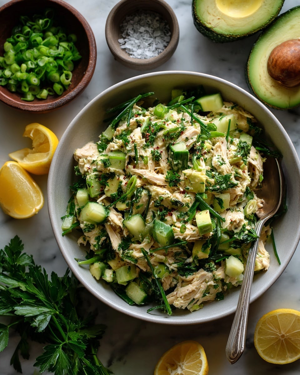 A large white bowl filled with a chunky mix of light green avocado pieces, dark green chopped herbs, pale shredded chicken, and small diced cucumber, all mixed together with visible black pepper sprinkled on top, along with a shiny silver spoon resting inside the bowl toward the right. Surrounding the bowl on a white marbled surface are half an avocado, squeezed lemon halves, a small bowl of chopped green onions, and a small bowl containing coarse salt with cracked black pepper. A bunch of fresh parsley leaves is partly visible at the top right. A striped cloth napkin is placed beneath the bowl on the right side. Photo taken with an iphone --ar 4:5 --v 7