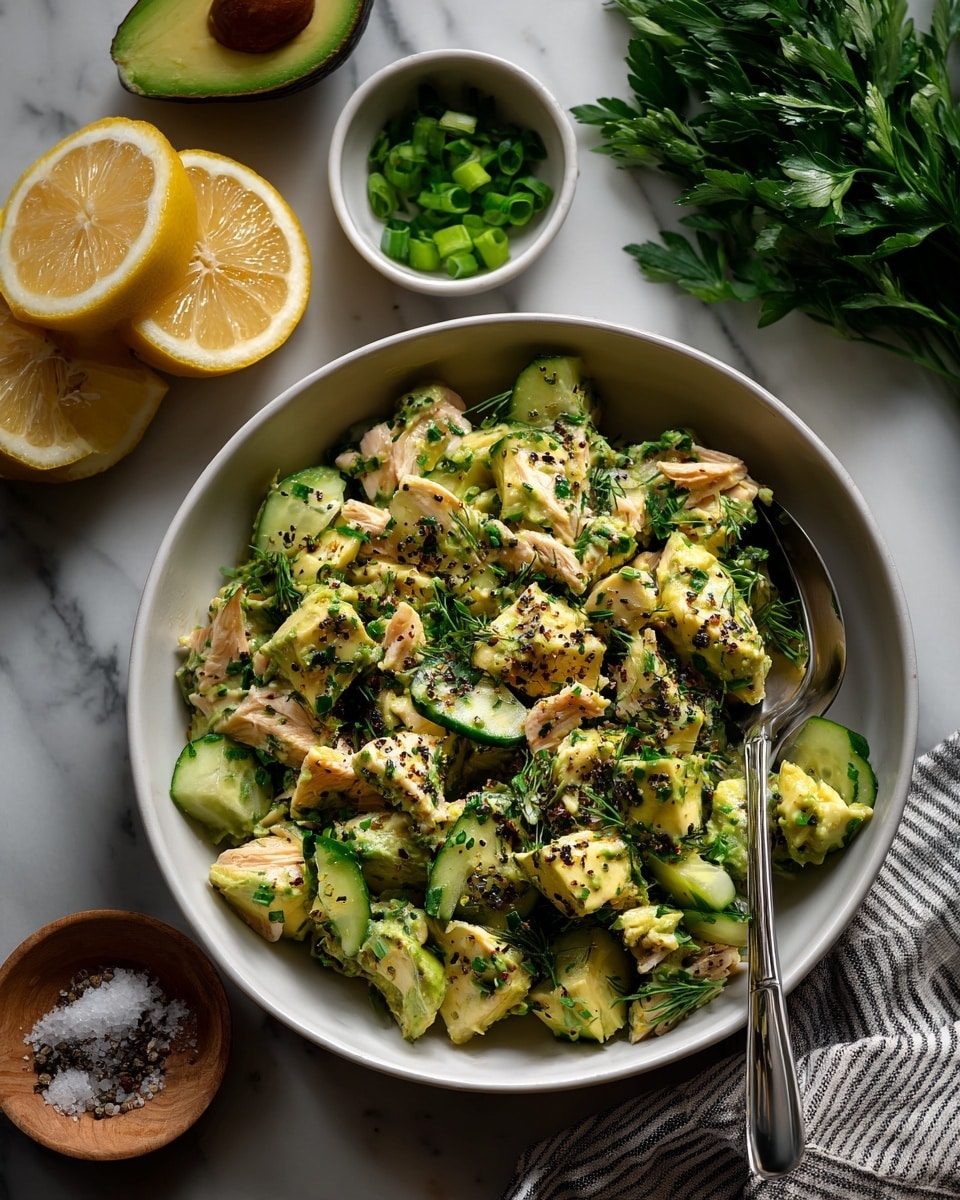 A large white bowl filled with a creamy avocado chicken salad featuring shredded chicken mixed with small bright green avocado chunks, diced cucumber, and finely chopped dark green herbs. The salad has a soft, mixed texture with visible pepper sprinkles on top. A silver spoon rests on the right side inside the bowl. Surrounding the bowl on a white marbled surface are fresh avocado halves, lemon halves, a small bowl of chopped green onions, a small bowl with salt and pepper, and some fresh parsley leaves. A striped cloth is partially visible near the bottom right corner. photo taken with an iphone --ar 4:5 --v 7