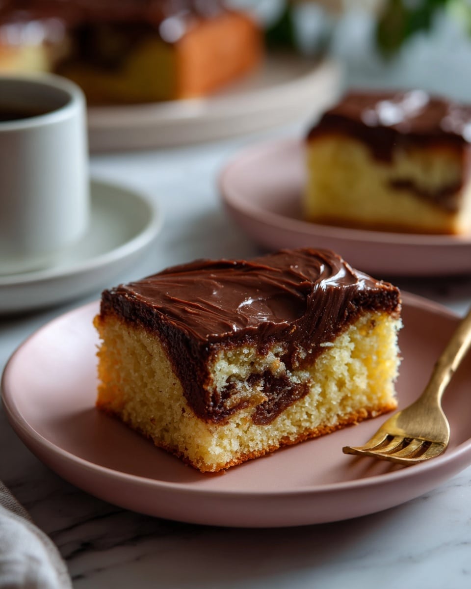 The image shows two pieces of yellow cake with chocolate swirls inside and a thick, smooth layer of chocolate frosting on top. Each piece is square and fluffy with a moist texture visible in the crumb. The cake is placed on white round plates, with one piece in the foreground closer to the camera and the second piece blurred in the background. Behind the cakes, there is a white cup and a cloth with soft pastel stripes. The surface under the plates is a white marbled texture. photo taken with an iphone --ar 4:5 --v 7