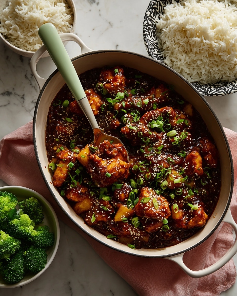 A white oval baking dish holds a glossy, dark brown sauce covering bite-sized pieces of cooked chicken and small chunks of pineapple, sprinkled with white sesame seeds and fresh green chopped scallions, with a silver spoon resting inside the dish. Nearby, a white bowl with black speckles holds fluffy white rice, and a second white bowl contains fresh green broccoli florets. The scene is set on a white marbled surface with a light peach quilted cloth partly under the baking dish, and a white cloth napkin to the right. photo taken with an iphone --ar 4:5 --v 7
