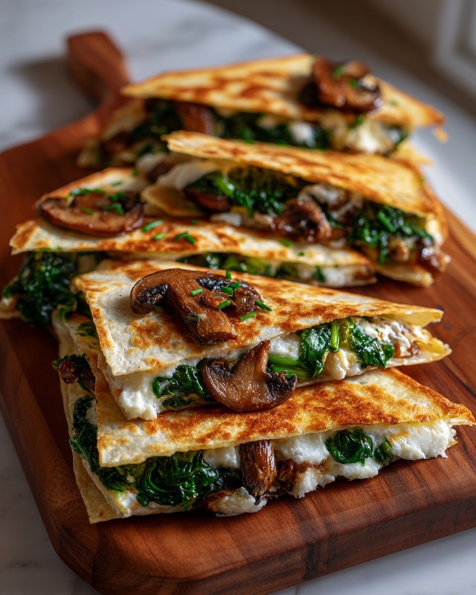 The image shows four triangular quesadilla slices on a wooden board. Each slice has a thin, toasted, light golden flatbread base with slightly browned spots. On top, there is melted white cheese that looks creamy and slightly bubbly. Inside the quesadilla, there are layers of dark green cooked spinach and slices of sautéed brown mushrooms. The mushrooms also appear on top of the slices, adding a meaty texture. The filling is thick enough to peek out between the folded flatbread. The setting is a white marbled surface in soft natural light. Photo taken with an iphone --ar 4:5 --v 7