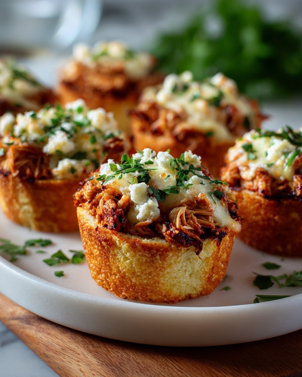 This image shows several mini muffin-shaped savory cups on a white plate. Each cup has three layers: the bottom layer is a golden brown baked crust, the middle layer is orange-brown cooked filling that looks like shredded chicken mixed with a sauce, and the top layer is melted white cheese with some small green herb pieces sprinkled on top. The plate sits on a wooden surface with a white marbled background. The focus is close, showing the texture of the crust, filling, and melted cheese very clearly, with some fresh green herbs blurred in the background. Photo taken with an iphone --ar 4:5 --v 7