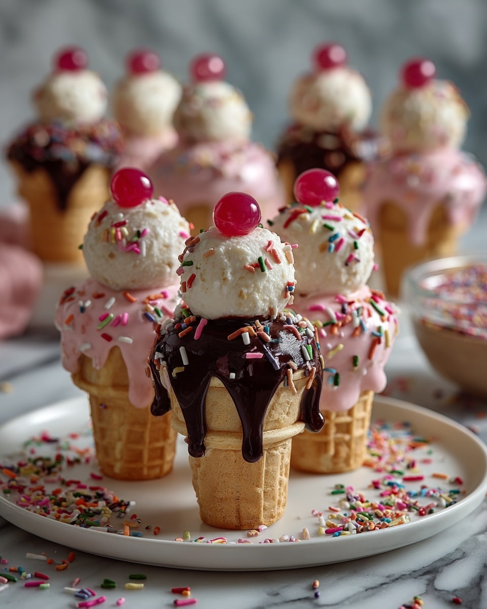 The image shows small ice cream cone-shaped treats arranged on a white plate with colorful sprinkles scattered around. Each treat has a bottom layer of a light beige cone standing upright. On top is a round white ball that looks smooth and shiny, resembling a scoop of ice cream. The ball is topped with a dripping layer of either dark brown chocolate or light pink glaze. On top of the glaze, multicolored sprinkles are spread, and each treat is finished with a shiny red or pink round candy on the very top. The background is softly blurred with a white marbled texture, and a large bowl of sprinkles is visible in the background. photo taken with an iphone --ar 4:5 --v 7