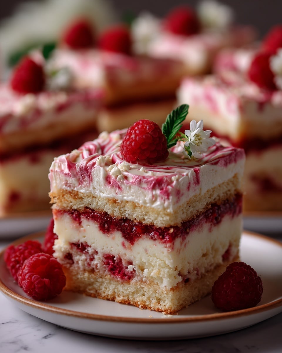 Several square pieces of cake are shown on a white marbled surface, each topped with pink and white swirled frosting. One piece is lifted slightly, revealing a soft light yellow cake layer with embedded whole red raspberries. The frosting layer is thick and creamy, with a smooth, swirled texture blending pink and white colors. One square on the surface is decorated with a small white flower and a fresh raspberry. Nearby, a white bowl holds fresh raspberries and white chocolate pieces, with more white chocolate and raspberries scattered around the cakes. Photo taken with an iphone --ar 4:5 --v 7