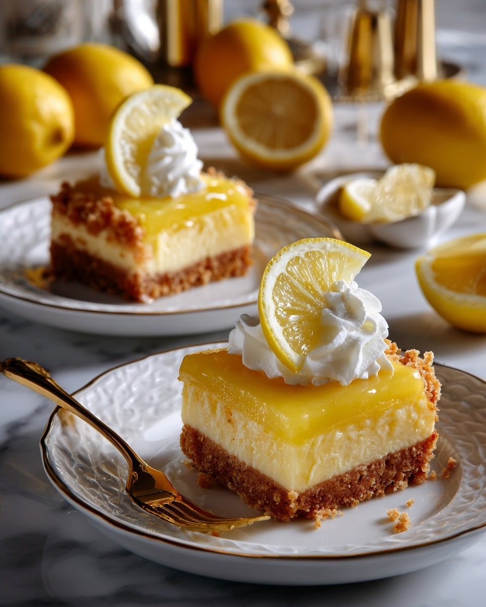 A white plate with a thin gold rim holds a warm lemon dessert with two main layers: the bottom layer is a bright yellow, smooth lemon pudding, and on top, there is a crumbly, golden-brown baked topping. Sitting in the center is a dollop of white whipped cream with a fresh lemon slice placed on it. In the background, another similar plate is partly visible, and whole and half lemons rest on a white marbled surface around the plates. A gold fork sits nearby on the right side of the main plate. Photo taken with an iphone --ar 4:5 --v 7