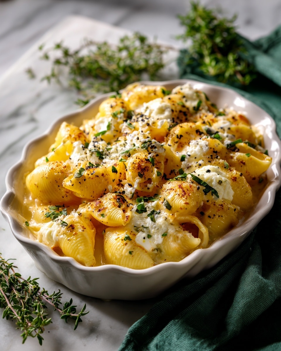 A white oval baking dish filled with baked shell pasta covered in a creamy, orange-yellow cheese sauce with white melted cheese on top. The dish has scattered small green herb leaves and a light sprinkle of shredded cheese and black pepper as garnish. The sauce looks smooth and thick, with the shell pasta visible under the cheese layers. The dish sits on a white marbled surface with fresh thyme sprigs around it and a green cloth nearby. photo taken with an iphone --ar 4:5 --v 7