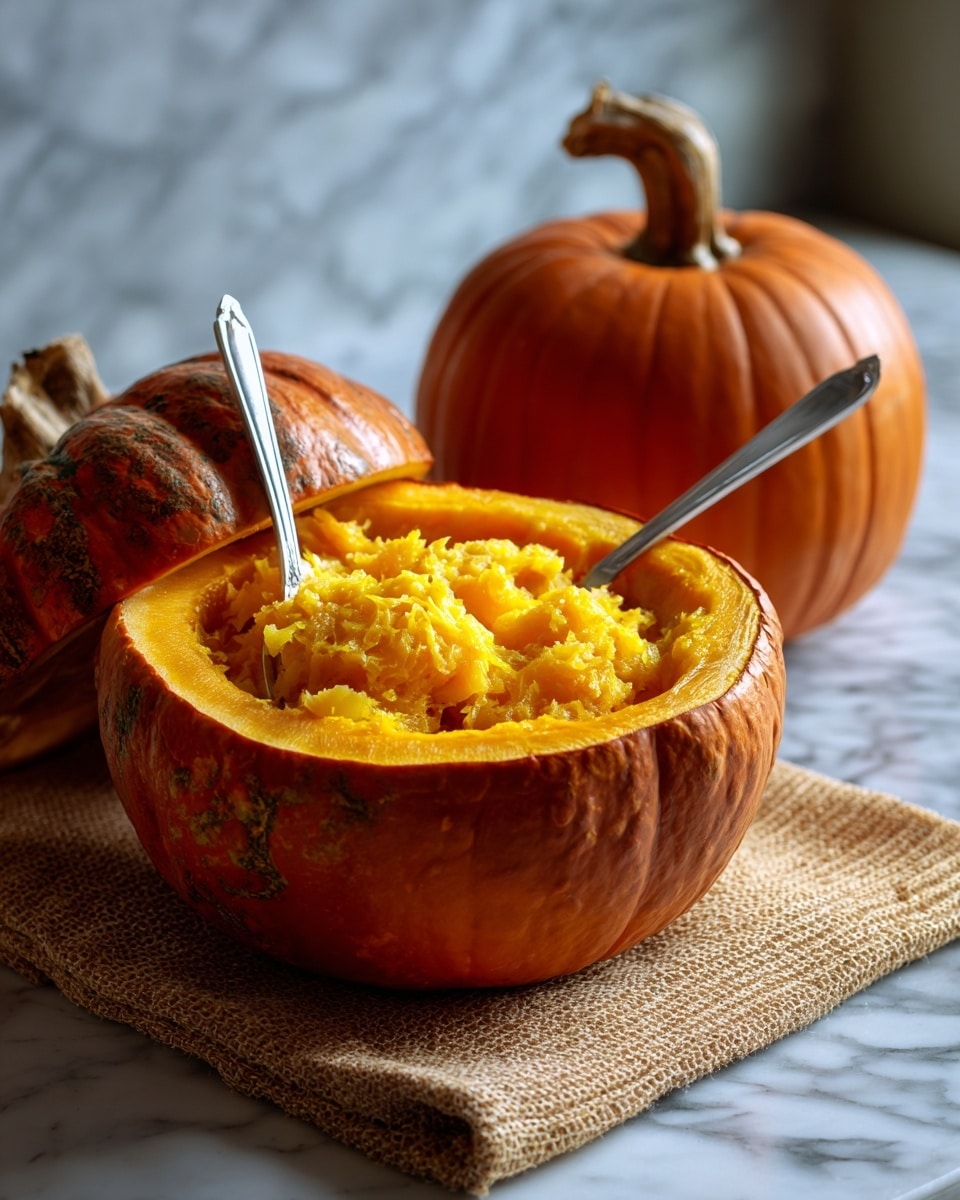 The image shows a pumpkin that is cut into two halves placed on a white marbled surface. One half is whole with a round top and smooth orange skin, while the other half is hollowed and filled with soft, bright yellow-orange pumpkin flesh that looks mashed or scooped. A fork and a spoon rest on the inside edge of the hollowed half, with the fork positioned more towards the left and the spoon on the right, both silver in color and simple in design. The whole pumpkin half is positioned on the left side of the image, and the hollowed half is on the right side. The background includes part of a tray with some text partially visible. Photo taken with an iphone --ar 4:5 --v 7