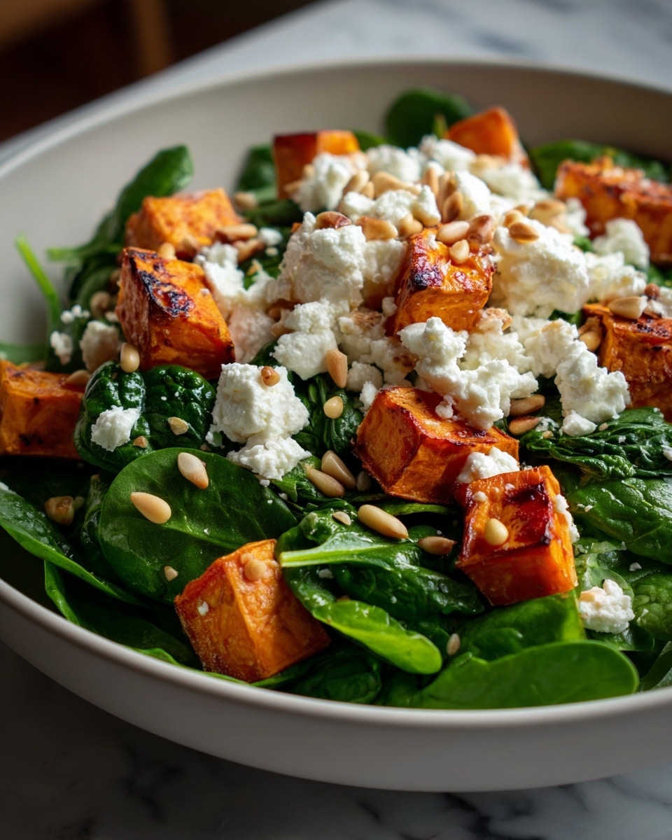 A fresh salad in a white bowl with a base layer of bright green spinach leaves, topped with medium-sized cubes of roasted golden-brown butternut squash spread evenly over the greens. There are small white pieces of cheese sprinkled throughout the salad, adding texture and contrast. Scattered among the spinach and squash are light brown pine nuts. A dark brown dressing is being poured from a small glass bottle onto the top of the salad, adding a glossy finish. A spoon and fork rest together on the edge of the bowl. The background shows a white marbled surface with a blurred white bowl and gray cloth. photo taken with an iphone --ar 4:5 --v 7