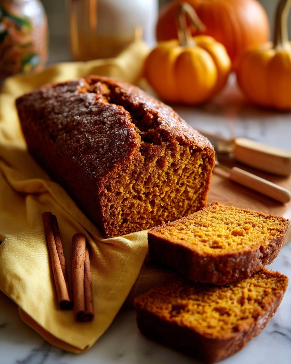 The image shows a loaf of pumpkin bread with a golden brown crust and a moist orange-brown interior. The loaf has a slightly cracked top and is resting on a white marbled surface. In front of the loaf, there are two slices laid flat, showing the soft texture inside with small air holes. The background has orange pumpkins softly blurred out. Photo taken with an iphone --ar 4:5 --v 7