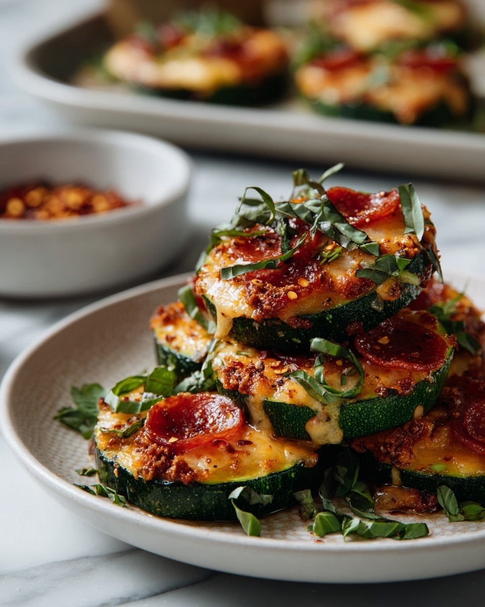 The dish shows several small round zucchini slices topped with melted golden brown cheese and small circular red pepperoni pieces. Each zucchini slice forms one layer at the base, dark green at the edges with a light green inner part. The cheesy layer is thick with a bubbly texture and slightly browned spots, sitting right on top of the zucchini. The pepperoni pieces are scattered evenly over the melted cheese, and some fresh green basil leaves are sprinkled as garnish on top and around the edges. The slices are neatly arranged on a white plate with a slight speckled pattern, placed on a white marbled surface. In the background, there is a small white bowl filled with crushed red pepper flakes, with more zucchini rounds visible behind it. The overall look is bright, colorful, and inviting, photo taken with an iphone --ar 4:5 --v 7