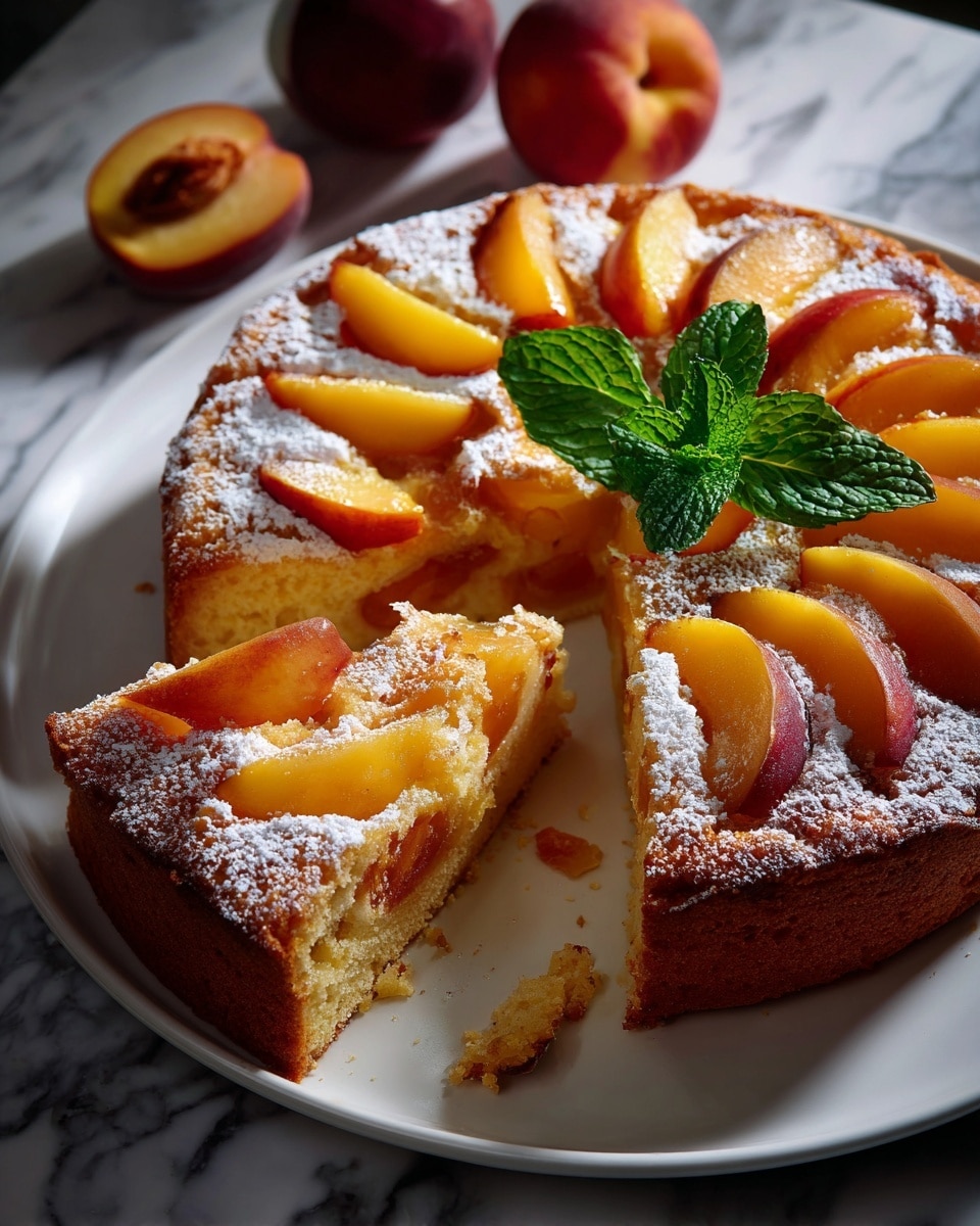 A close-up view of a slice of peach cake showing three main layers: the bottom layer is a light brown, soft cake base with small specks of cinnamon; the middle layer consists of slices of bright yellow-orange peaches embedded inside the cake; the top layer is golden brown with a slightly crispy texture and dusted with white powdered sugar. The slice sits on a white plate with a smooth texture, set on a white marbled surface, and there is a blurred second slice of the same cake in the background. photo taken with an iphone --ar 4:5 --v 7
