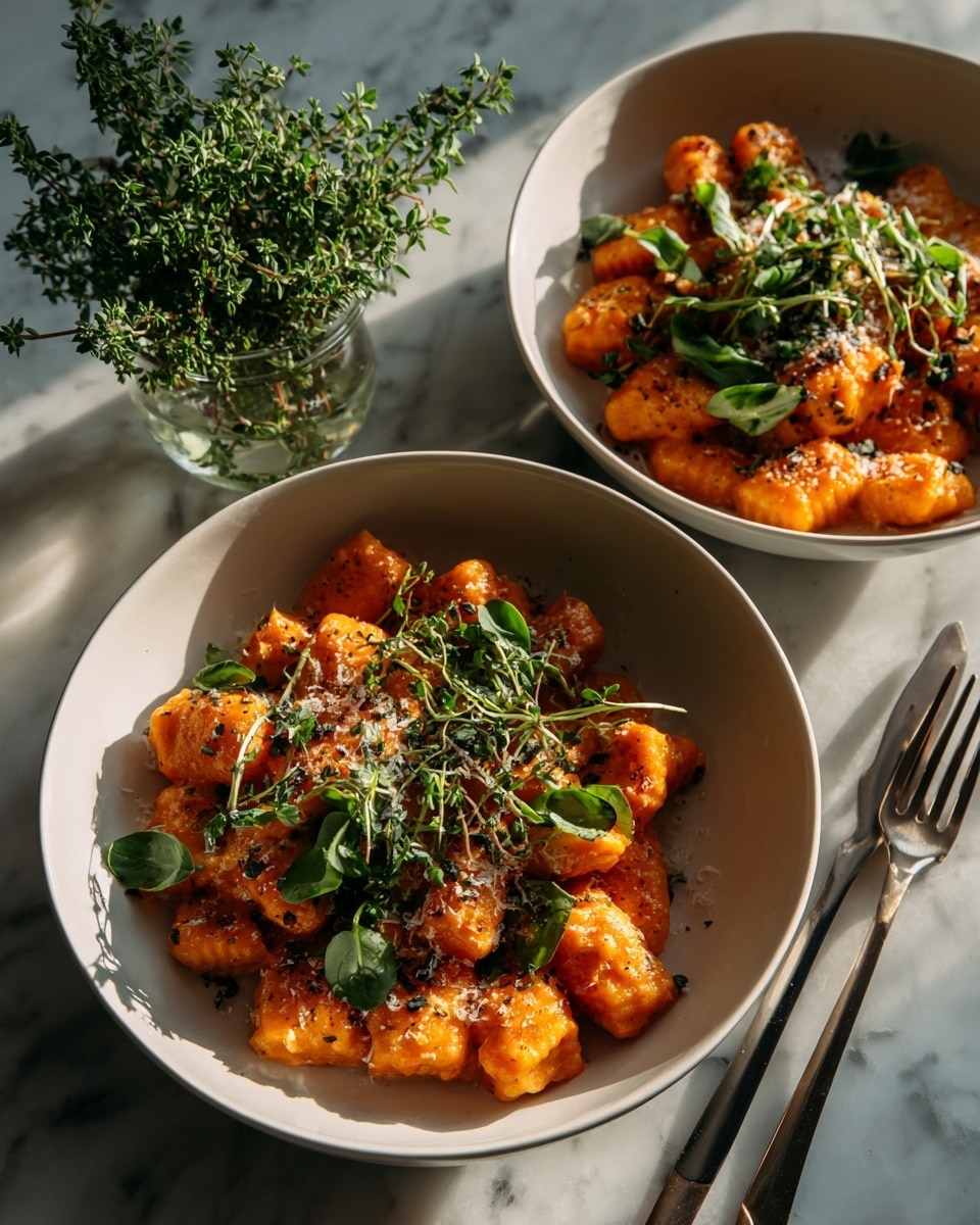 Two white bowls are filled with bright orange gnocchi pieces that have ridges and look soft. The gnocchi is mixed with green herb leaves scattered on top. The bowls sit on a white marbled surface. To the side, there is a small bunch of green herb leaves and a silver fork with a simple pattern on the handle. The light is soft, making the colors of the food look fresh and warm. photo taken with an iphone --ar 4:5 --v 7