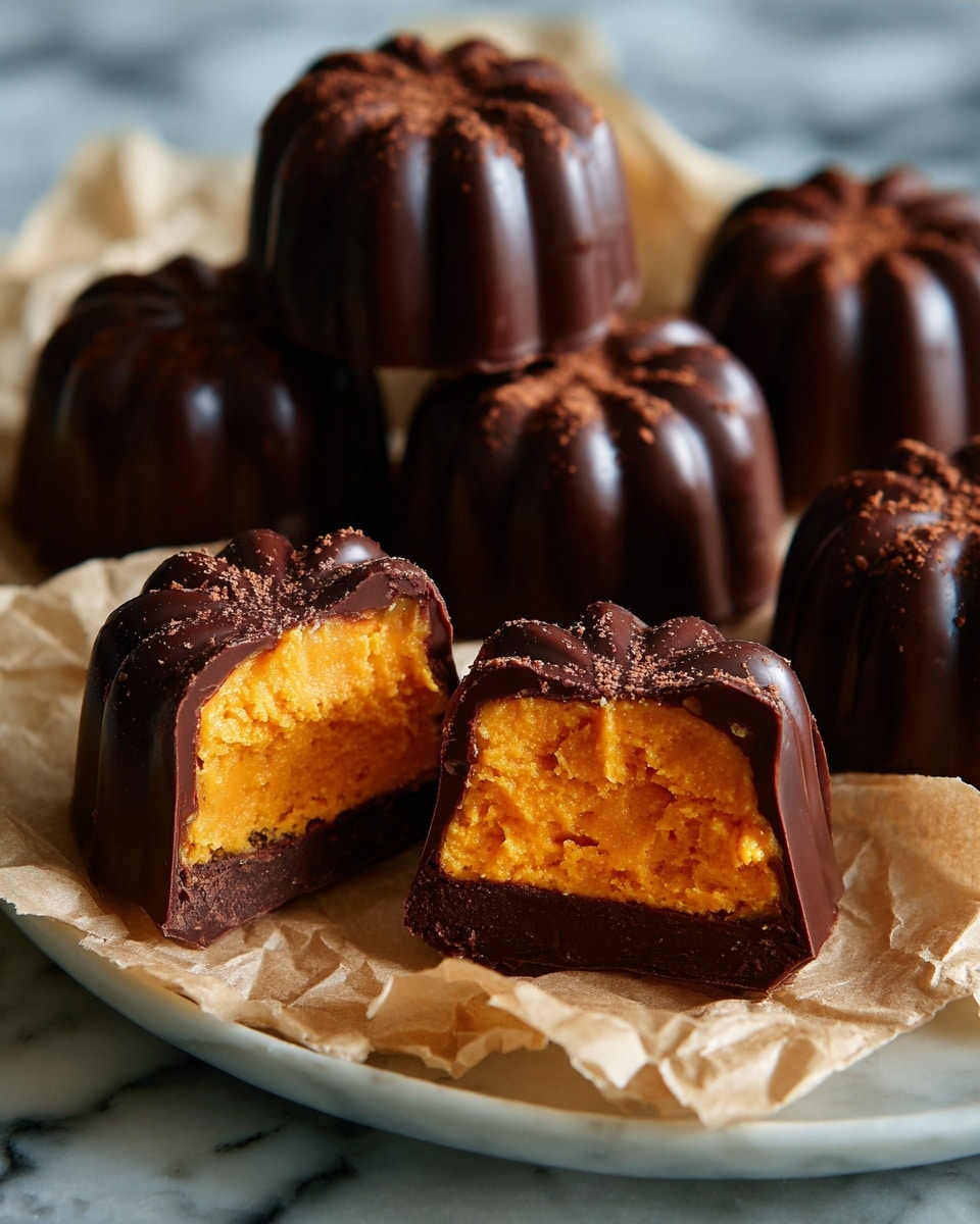 The image shows several small pumpkin-shaped candies with two clear layers on wrinkled parchment paper. The top and bottom layers are a shiny, deep dark brown chocolate with fine curved ridges that form the pumpkin shape. The middle layer is thick and bright orange with a smooth but slightly crumbly texture. One candy is cut in half, showing the thick orange layer clearly between the two dark chocolate sides. The background is a white marbled texture. photo taken with an iphone --ar 4:5 --v 7
