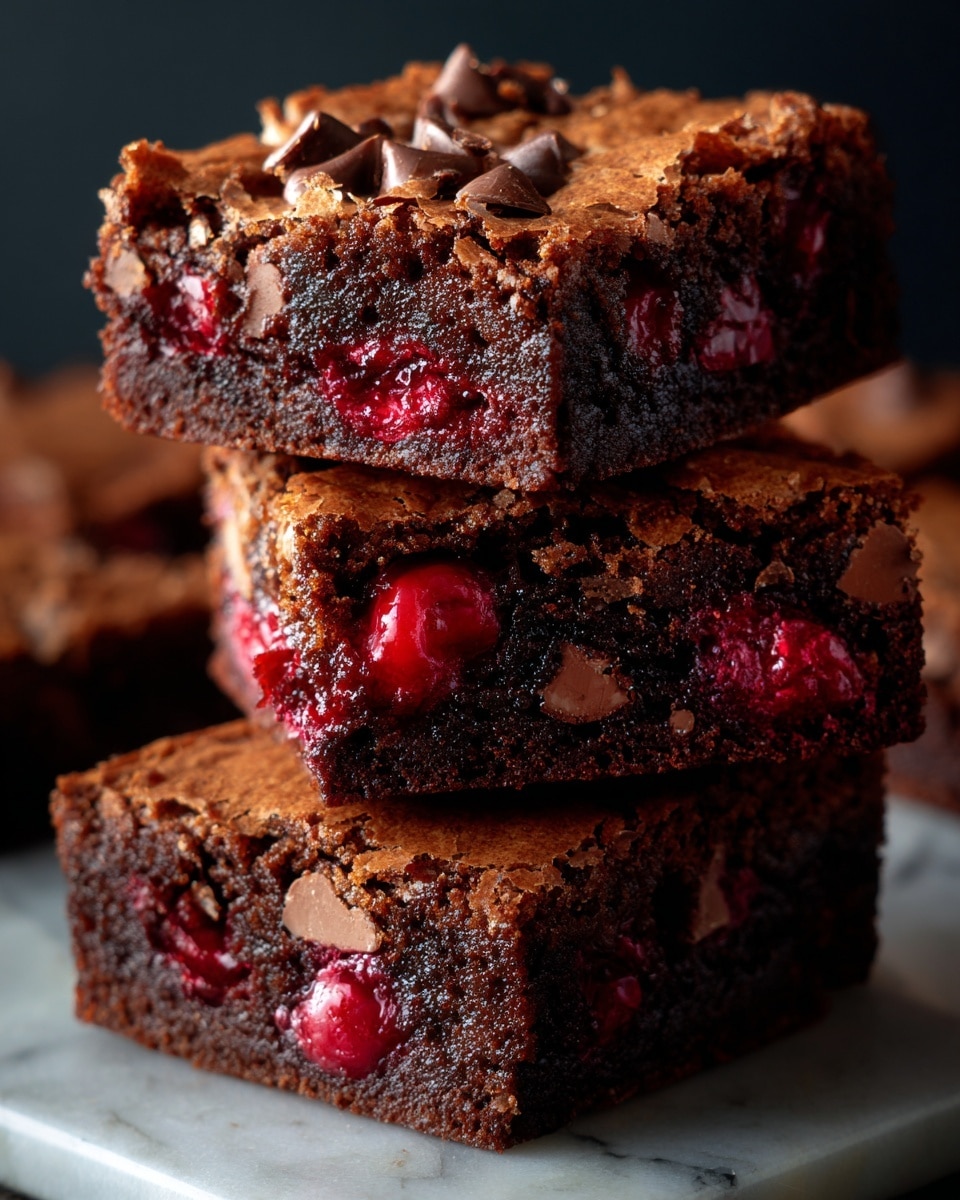 A close-up view of a stack of three thick chocolate brownies, each layer showing a rich, dark brown dense texture with visible chunks of chocolate and pieces of bright red cherries embedded inside. The top surface of each brownie has a slightly cracked, glossy crust, contrasting with the moist and chunky inside. The brownies are stacked on a white marbled surface, with soft, dark, blurred background focusing attention on the dessert. photo taken with an iphone --ar 4:5 --v 7