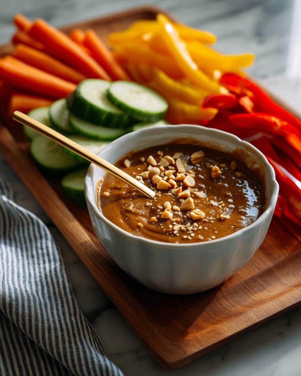 A white bowl filled with smooth brown peanut sauce topped with small nut pieces and red chili flakes, a gold spoon partially sunk in the sauce; the bowl is on a wooden board surrounded by three groups of fresh vegetable sticks and slices—thick bright orange carrot sticks at the top left, thin yellow bell pepper strips to the right, and thin red bell pepper strips at the bottom right; below the bowl and in the bottom center, thin round green cucumber slices are laid in two rows overlapping each other; the whole setup is on a white marbled surface with a blue and white striped cloth at the bottom left corner; photo taken with an iphone --ar 4:5 --v 7