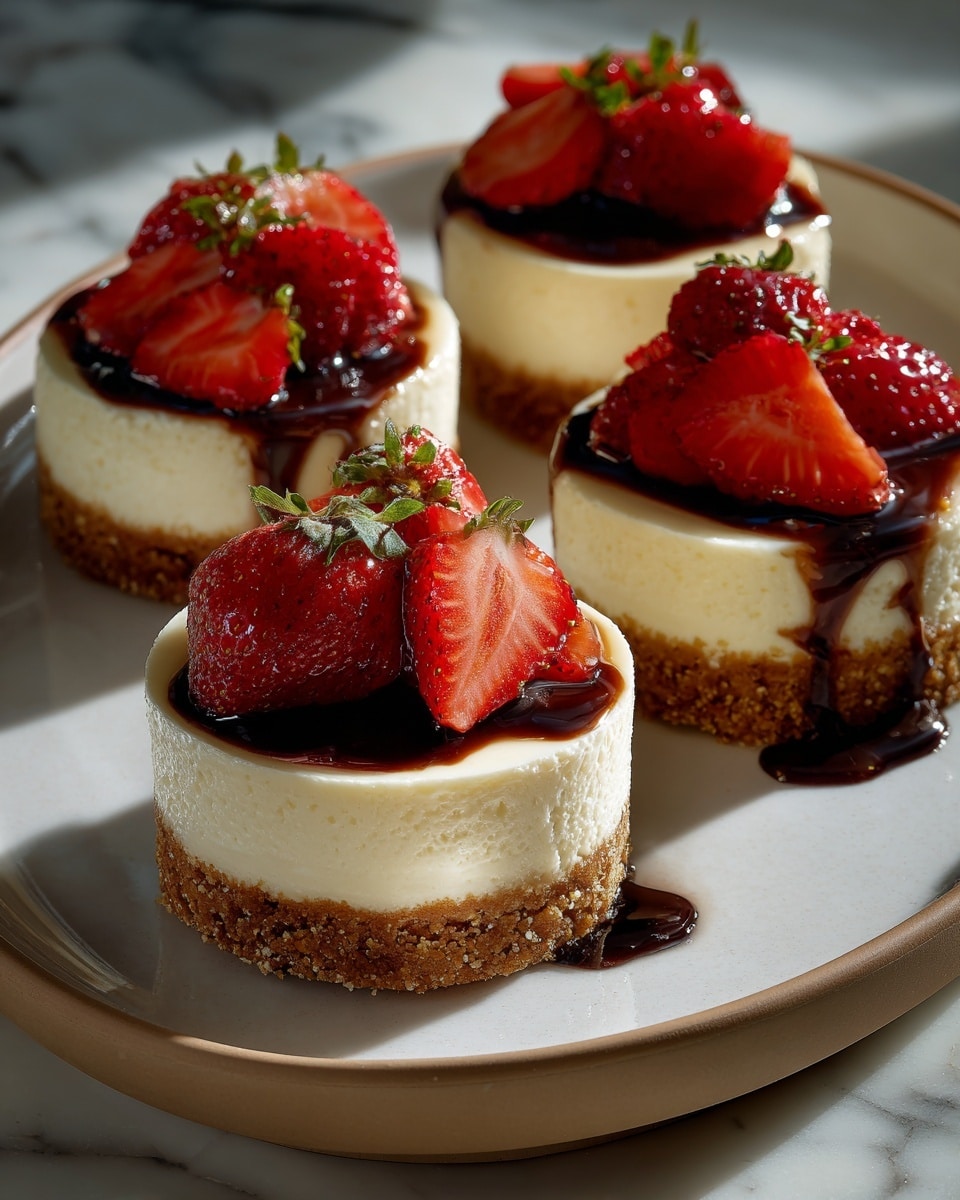 Four small round cheesecakes sit on a white plate with a rough texture. Each cheesecake has three layers: a golden brown crust at the bottom, a thick creamy off-white cheesecake middle, and a smooth shiny cream layer on top. On top of each is a drizzle of dark chocolate syrup and two bright red strawberry halves with a glossy finish and green leaves at the tip. The plate rests on a white marbled surface. photo taken with an iphone --ar 4:5 --v 7