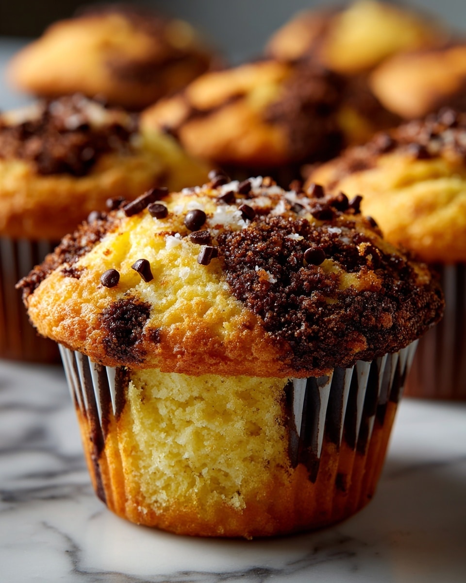 A close-up view of a muffin with two visible layers: the bottom layer is light yellow with a soft, crumbly texture, and the top layer has a rich dark brown color with a moist, chocolatey look, mixed together in a marbled pattern. The muffin is topped with small melted chocolate pieces, some of which are scattered around on the white paper liner and the muffin's surface. The muffin rests on top of another similar muffin with matching marbled colors and chocolate pieces. The background is a soft white marbled texture, and the image is sharp with natural light. photo taken with an iphone --ar 4:5 --v 7