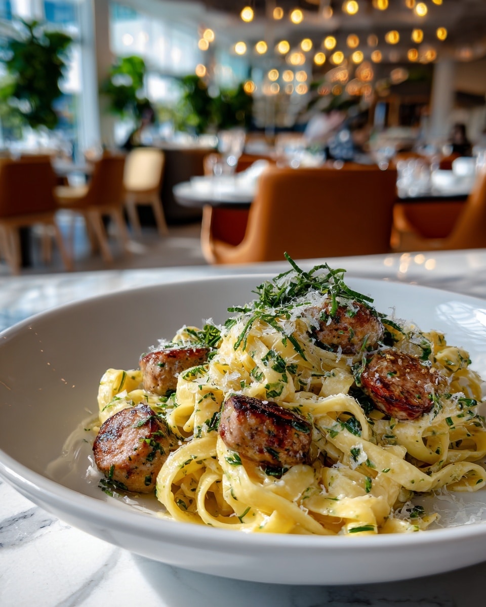 A white plate holds a mound of creamy pasta with about two layers of thick tagliatelle noodles coated in a light beige sauce. Mixed throughout are round pieces of browned sausage with a slightly crispy texture on the edges. The pasta is topped with grated cheese and finely chopped bright green parsley, scattered evenly over the dish. The plate sets on a white marbled surface, and the background shows a softly lit room with blurred furniture. Photo taken with an iphone --ar 4:5 --v 7