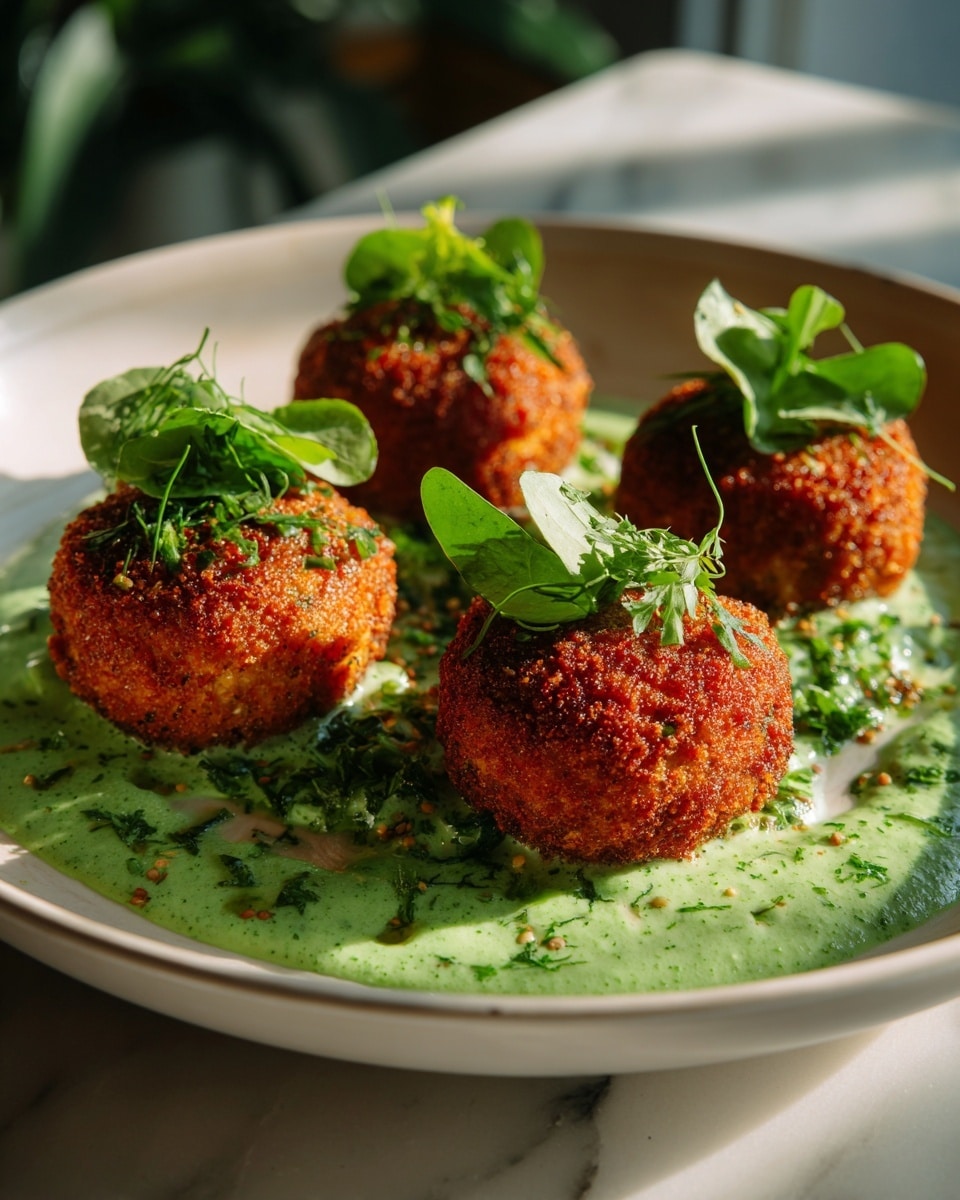 There is a white bowl filled with four round, crispy golden-brown fried balls evenly spaced on top of a smooth, pale green sauce that has fine green herb pieces mixed in. Each ball is topped with small bright green fresh herb leaves and sprinkled with finely chopped green herbs. The bowl is placed on a white marbled surface. photo taken with an iphone --ar 4:5 --v 7