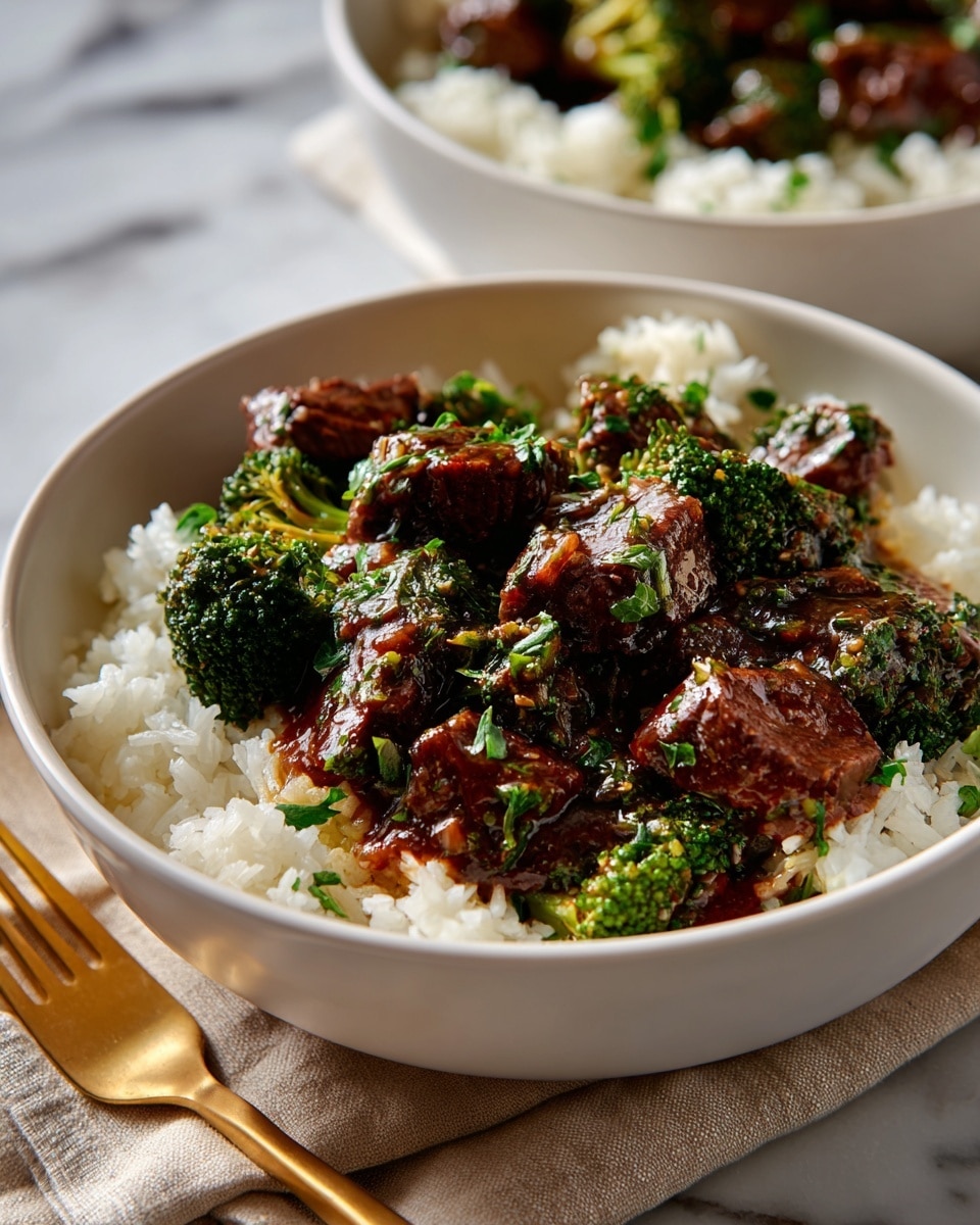 A shallow white bowl holds a serving of white rice at the bottom layer, soft and fluffy in texture. The top layer is a mix of dark brown beef chunks and bright green broccoli florets, all coated in a glossy, thick brown sauce that gives a rich shine. The bowl sits on a soft beige cloth napkin, which is placed on a white marbled surface. In the background, a bowl filled with more white rice is slightly blurred. A golden fork is partially visible near the bottom left corner in the foreground. Photo taken with an iphone --ar 4:5 --v 7