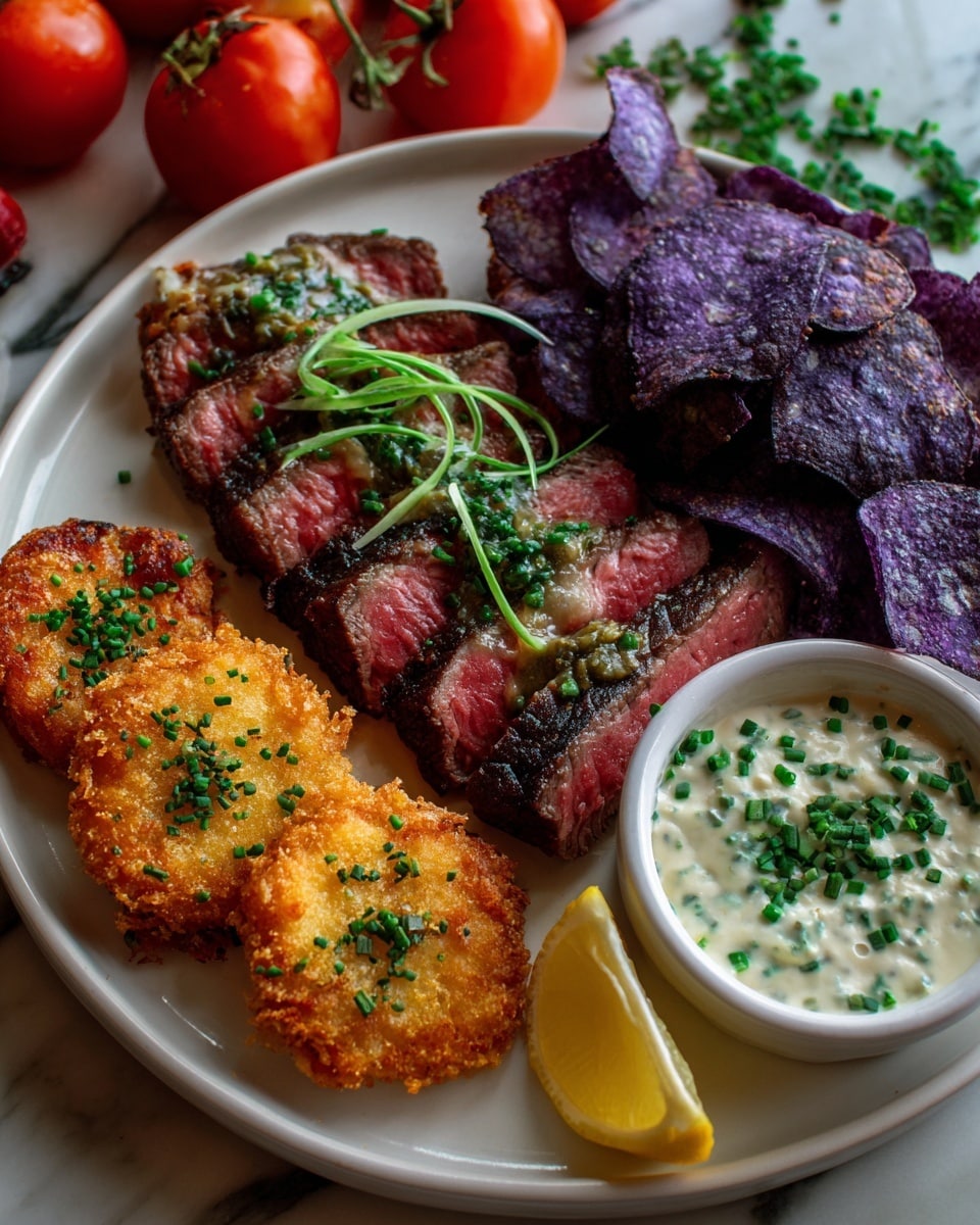The white plate has three main parts: on one side, there are thin slices of cooked steak with dark crispy edges and pink centers, topped with small green herbs. Next to the steak are round, crispy, golden-brown fried slices with green herbs sprinkled on top. The largest portion on the plate is made up of purple potato chips that are slightly curled, with some green herb garnish throughout. In the middle of the purple chips is a small white bowl filled with light creamy sauce with flecks of herbs. A bright yellow lemon wedge is placed near the sauce bowl. The plate sits on a white marbled surface, surrounded by fresh green and red tomatoes. photo taken with an iphone --ar 4:5 --v 7