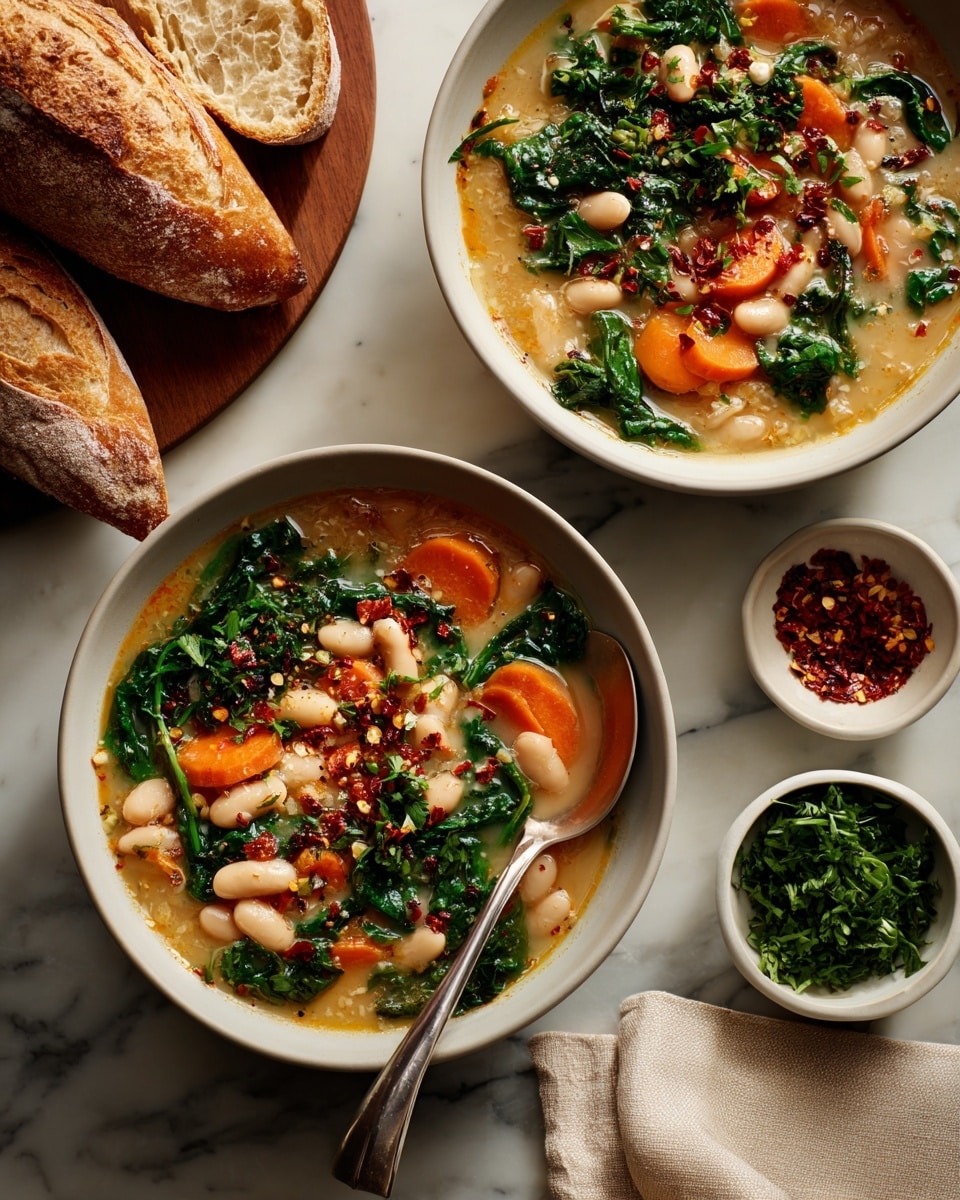Two white ceramic bowls filled with a thick soup have visible layers of orange carrot slices, white beans, and chopped green herbs throughout a creamy beige broth. The soup is topped with red chili flakes and fresh parsley, adding colorful specks of red and green on the surface. A silver spoon sits inside the near bowl. Two pieces of crusty brown bread with a golden interior rest to the left side on a white marbled surface, which is also scattered with some chopped herbs. To the top right are two small white bowls, one filled with chopped parsley and the other with red chili flakes. A beige cloth napkin is partly visible on the right side. photo taken with an iphone --ar 4:5 --v 7