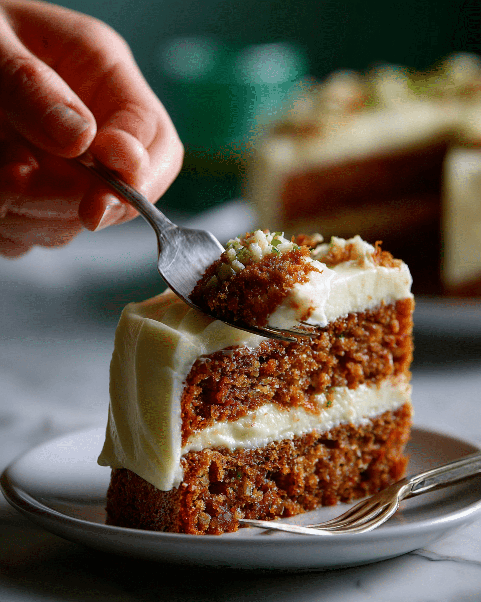 A close-up of a piece of zucchini cake on a white plate showing two thick layers of moist, brown cake with green zucchini bits inside, topped with a thick layer of creamy, white frosting that looks smooth and soft. A woman's hand is holding a silver fork with the prongs digging into the frosting. The background is a white marbled texture. Photo taken with an iphone --ar 4:5 --v 7