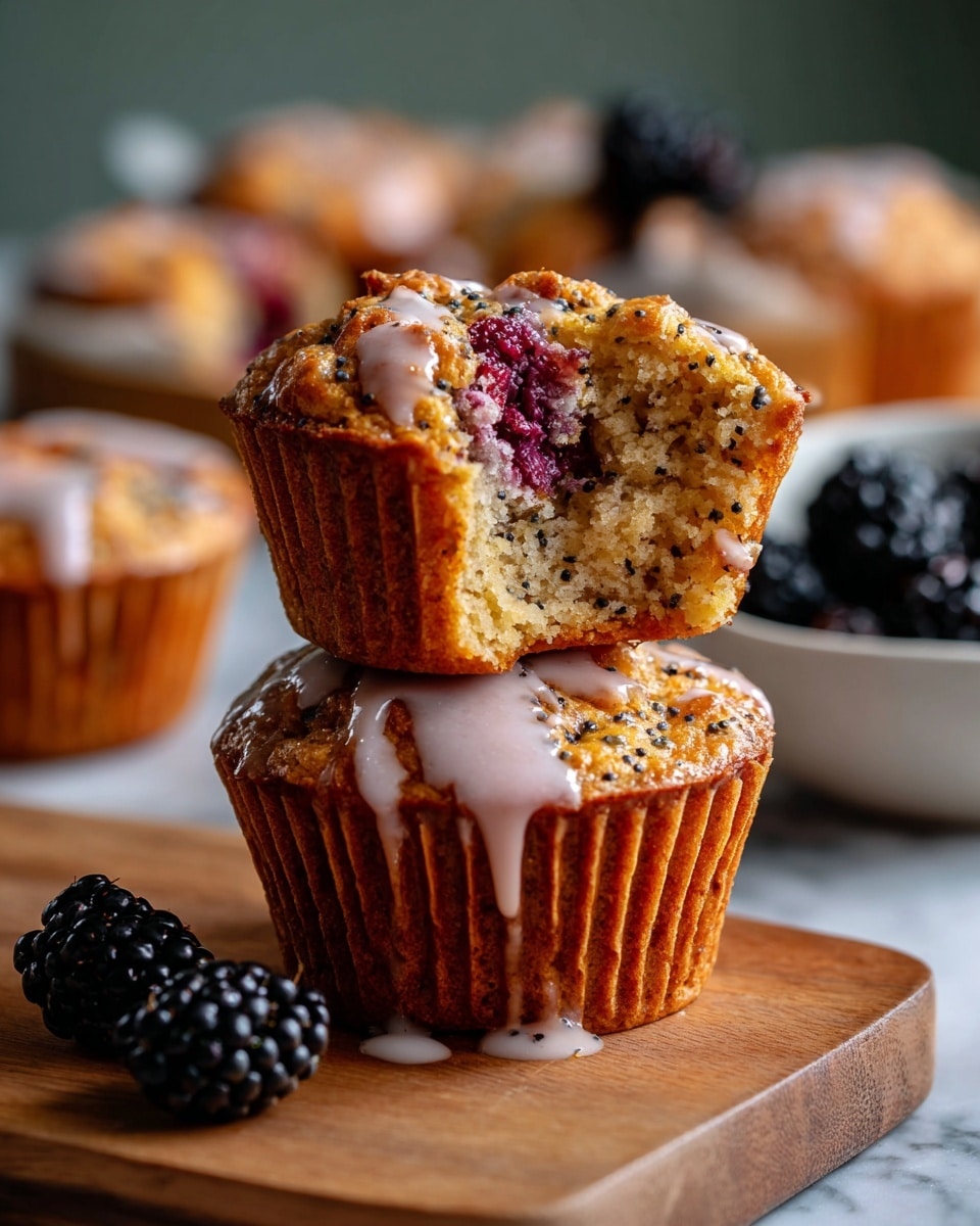 The image shows a close-up of two stacked muffins on a white marbled surface. The top muffin is cut in half, revealing a soft yellow interior speckled with small black seeds and filled with dark purple blackberries. The muffins have a light golden brown outside with a shiny pale pink glaze dripping down their sides. In the background, more muffins with similar glaze and texture are visible, along with a white bowl filled with blackberries. A single fresh blackberry sits on the surface near the muffins. photo taken with an iphone --ar 4:5 --v 7