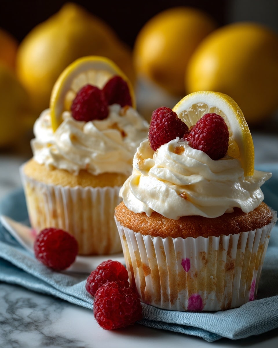 Two cupcakes sit on a blue and white cloth over a white marbled surface. Each cupcake has two layers visible: a golden-yellow base with red berry bits baked inside, and a thick layer of white whipped cream piped on top in soft swirls. On the whipped cream, there is a thin, round lemon slice, and three bright red raspberries are placed on the lemon slice. Additional loose raspberries are scattered around the cupcakes. The background is blurred with two yellow objects. The photo taken with an iphone --ar 4:5 --v 7