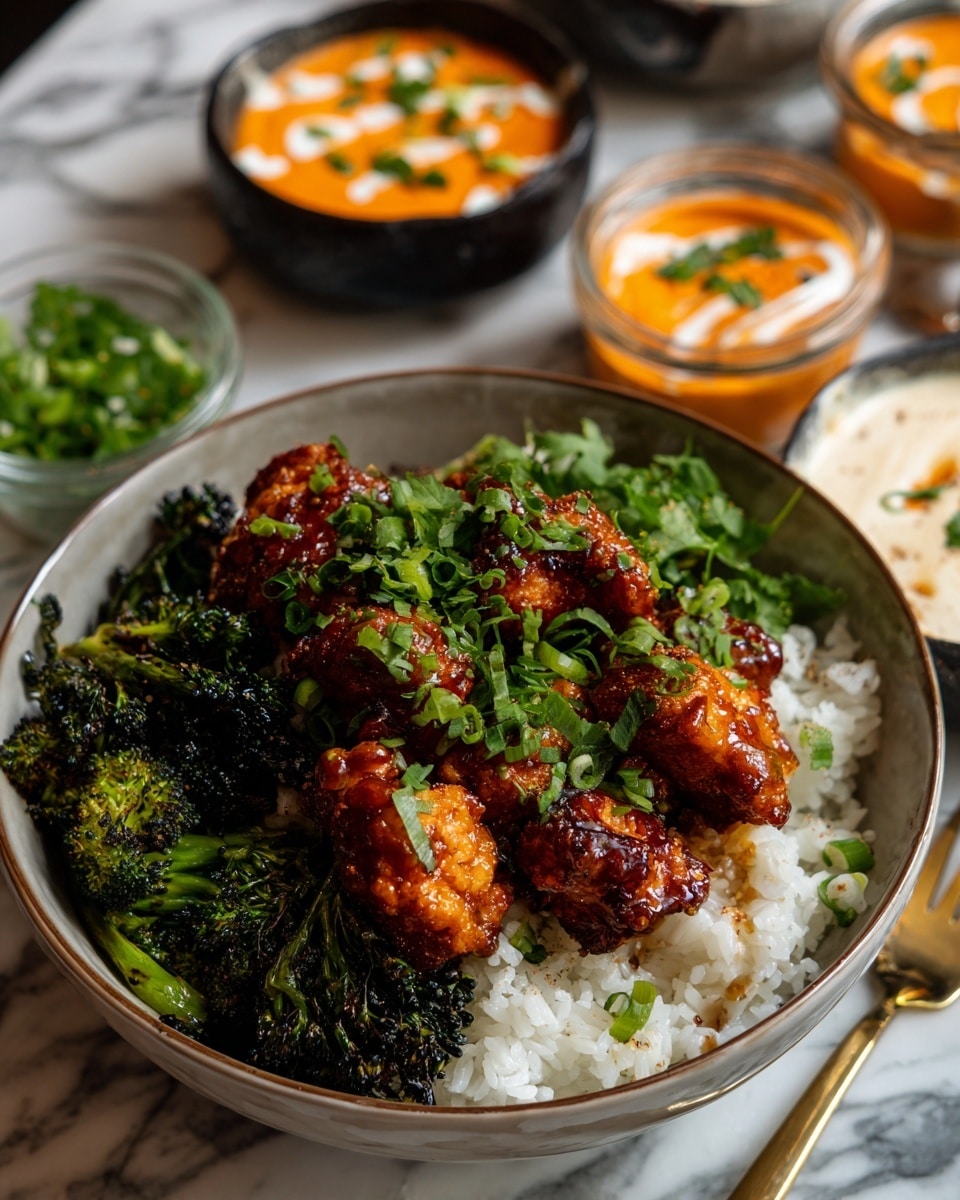 A bowl with a base layer of white rice topped with a layer of dark green roasted broccoli with some blackened edges, then a thick layer of golden-brown fried chicken pieces covered in a shiny reddish-orange sauce, garnished with chopped green onions and fresh cilantro leaves scattered on top. The bowl sits on a white marbled surface, and there is a gold fork partially visible on the right edge. Nearby, there is a small jar of white creamy sauce and a jar of reddish-orange sauce, with a gold spoon resting beside the jar. Photo taken with an iphone --ar 4:5 --v 7
