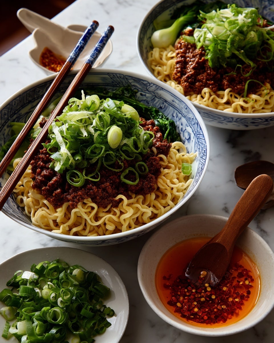 Two white bowls with blue patterns hold noodles as the base layer, cooked to a soft light yellow color. On top of the noodles is a rich brown meat sauce with visible small meat pieces and dark seasoning bits. The dish is garnished with bright green round sliced spring onions scattered on the meat and noodles, and some long, thin green onion slices placed on top. Each bowl has a pair of wooden chopsticks resting on the side. Around the bowls, there are small white dishes with extra spring onions and a white spoon filled with reddish chili oil that has chili flakes and a garlic clove. The setting is on a white marbled textured surface. photo taken with an iphone --ar 4:5 --v 7