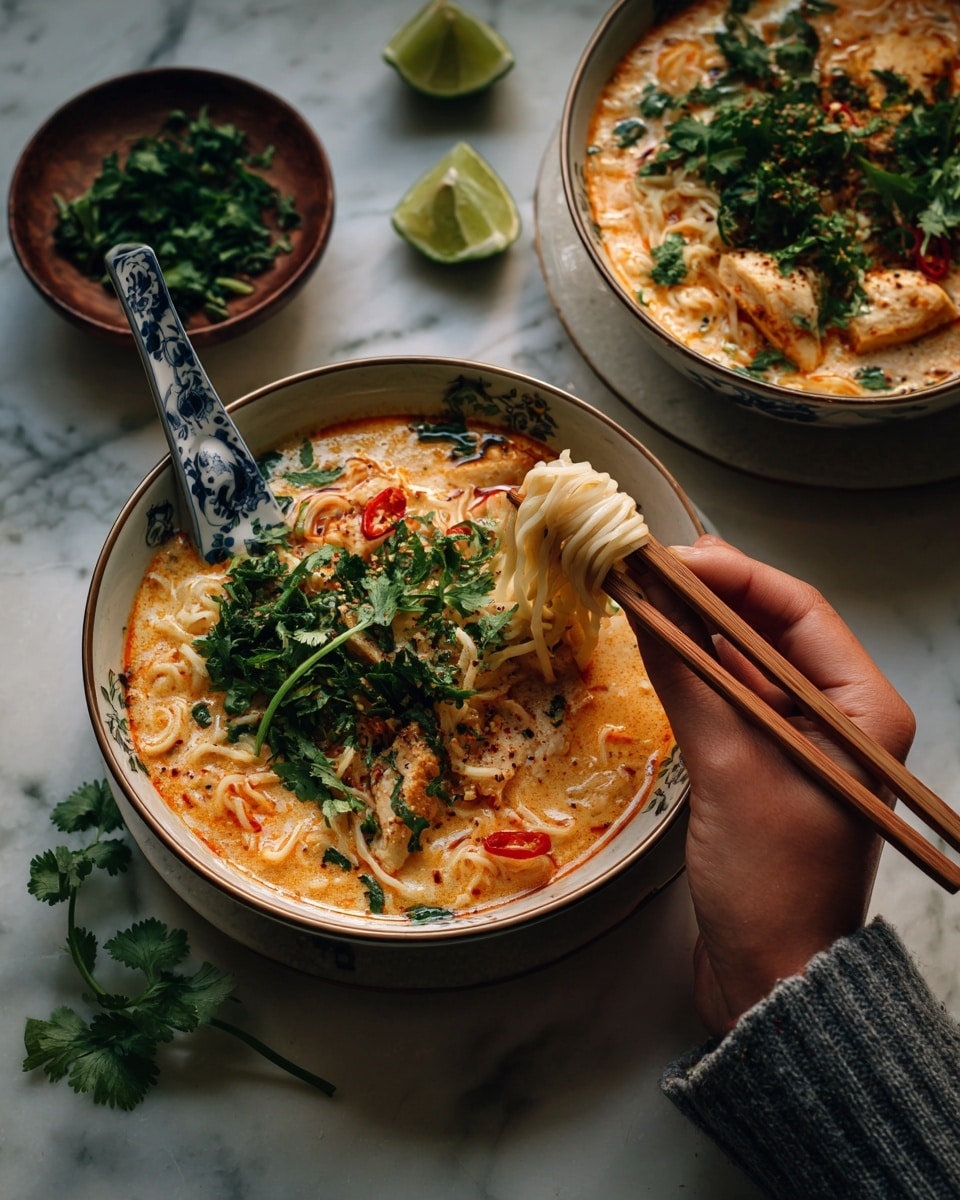 Two bowls of soup with noodles are shown on a white marbled surface. Each bowl has deep reddish-orange broth filled with noodles, pieces of light brown mushrooms, and red chunks, likely vegetables. On top of the soup, bright green fresh herbs and light green lime wedges add color and freshness. The front bowl is white with a subtle dark pattern around the edge and is held by a woman's hand wearing a light gray sleeve. A pair of chopsticks with blue and gold design is lifting a bundle of noodles from the soup. The second bowl, partly visible at the top left, is dark colored with a similar soup inside and a pair of plain light wooden chopsticks resting on the edge. Small green herbs rest on the white marbled background to the top right corner. Photo taken with an iphone --ar 4:5 --v 7