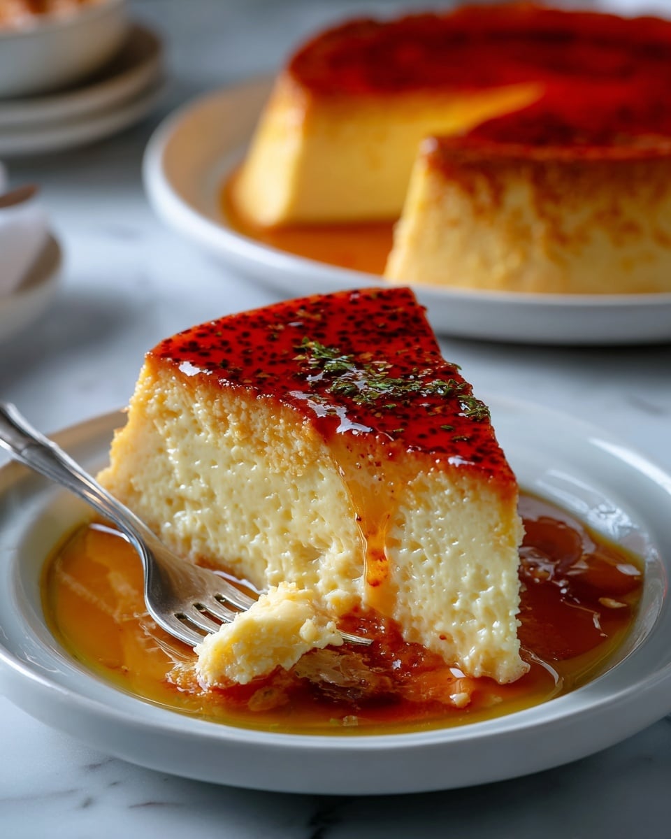 A slice of flan is shown on a white plate with a white marbled surface underneath. The flan has two layers, a bottom creamy pale yellow layer with a smooth texture, and a top thin caramel layer in a rich amber-brown color, slightly shiny and speckled with darker caramel spots. The slice sits in a small pool of caramel sauce around its base. A fork rests on the plate, with some flan bits on its tines near the slice. In the background, a blurred full flan is shown on another white plate. Photo taken with an iphone --ar 4:5 --v 7