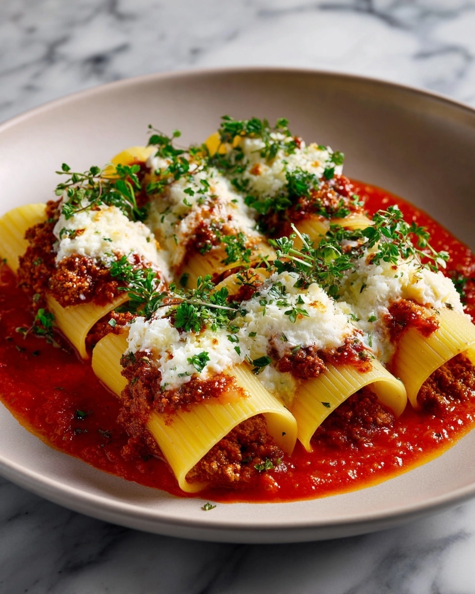 The dish shows five large yellow pasta tubes filled with cooked ground meat, arranged side by side on a white plate. The meat inside is brown and textured, peeking out from both ends of the pasta. A red tomato sauce pools underneath the pasta and spreads slightly over the plate’s surface. Shredded white cheese is melted on top of the pasta, lightly browned in some spots, and small green herbs are scattered over everything for a fresh touch. The plate sits on a white marbled surface. photo taken with an iphone --ar 4:5 --v 7