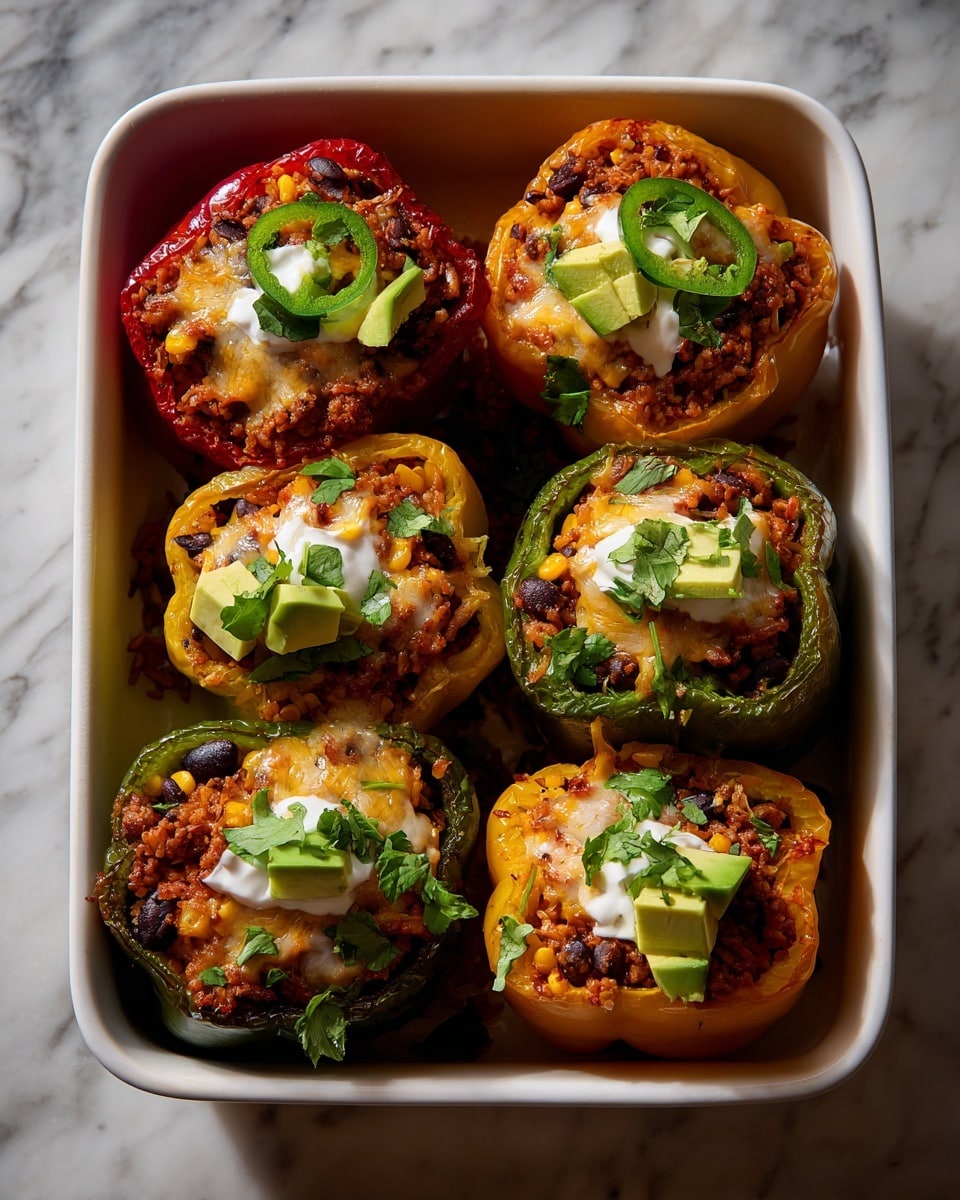 A white baking dish holds six stuffed bell peppers in three colors: red, green, and yellow. Each pepper is filled with a layer of cooked rice mixed with black beans, ground meat, and corn, topped with melted golden-yellow cheese that slightly spills over the sides. Fresh chopped green cilantro is sprinkled on top of each pepper. Some peppers have small dollops of white sour cream garnished with thin green slices of jalapeño or chunks of light green avocado. The peppers sit on a white marbled surface with a warm, inviting appearance. Photo taken with an iphone --ar 4:5 --v 7