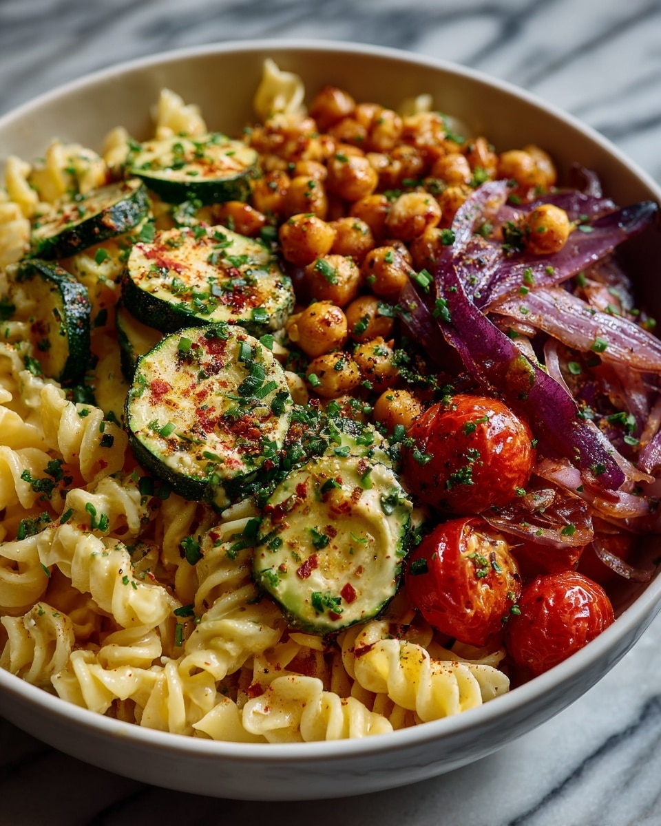 A round white bowl filled with three main layers: at the bottom, pale yellow twisted rotini pasta spirals; on top of the pasta, slices of green zucchini with a slightly cooked texture and red roasted tomatoes; scattered through and on top are light brown chickpeas and thin slices of purple-red onions. The entire dish is sprinkled with chopped green herbs and some small red chili flakes. The bowl is placed on a white marbled surface. photo taken with an iphone --ar 4:5 --v 7