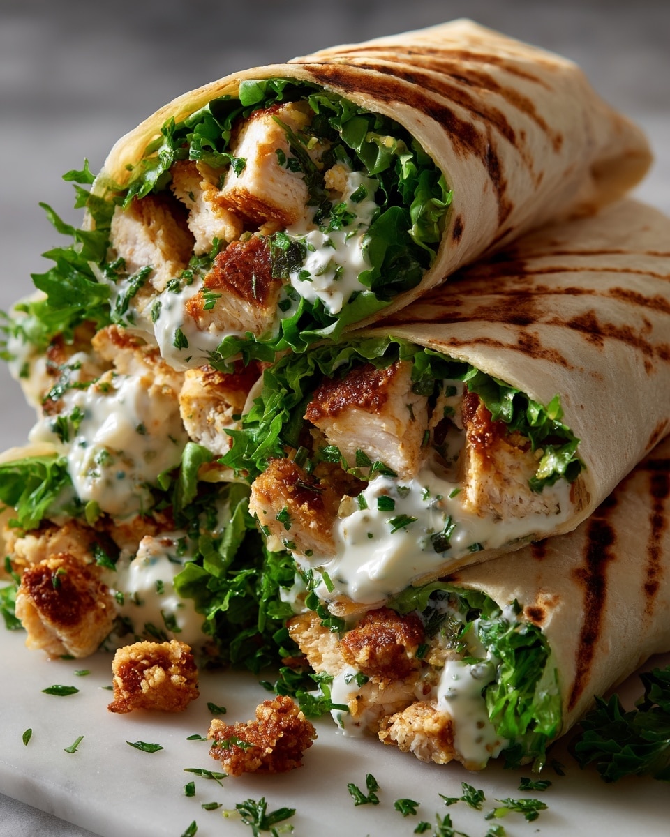 The image shows a close-up of three grilled wraps stacked on a white marbled surface. Each wrap has three visible layers: the outer grilled tortilla with light brown grill lines, a middle layer of crispy browned meat pieces with a slightly charred crust, and fresh green leafy lettuce inside. There is also a creamy white sauce with green herbs mixed in, adding a soft texture and color contrast mainly near the lettuce layer. Small crumbs of the crispy meat are scattered around the wraps. Photo taken with an iphone --ar 4:5 --v 7