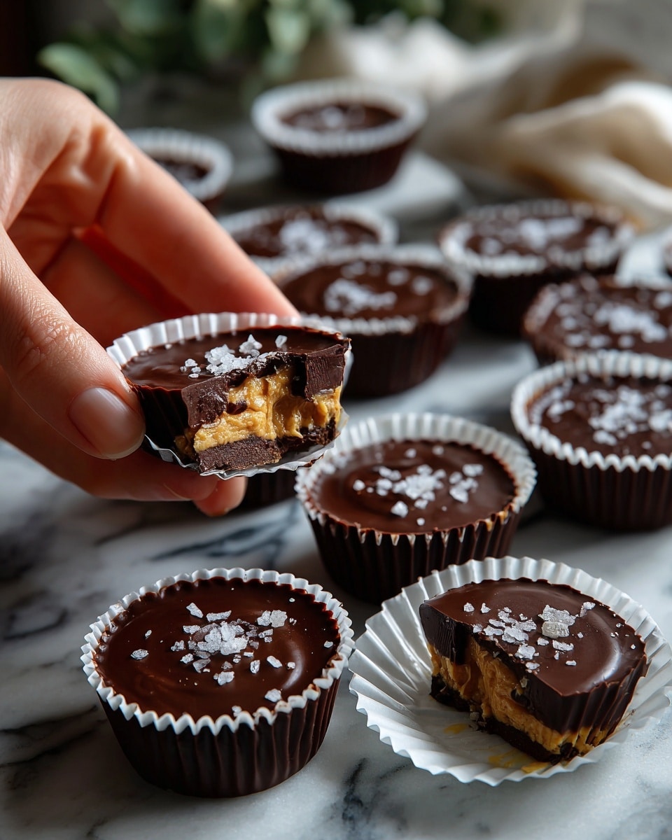 The image shows eleven chocolate peanut butter and jelly cups arranged on a white marbled surface. Each cup is in a white paper liner, with a smooth, dark chocolate top sprinkled with small white salt flakes. One cup is bitten to show three layers inside: a thick dark chocolate outer layer, a creamy light brown peanut butter layer, and a shiny dark red jelly layer in the center. Another cup is cut in half to reveal the same layers clearly. One paper liner is empty, placed near the cut cups, emphasizing the presentation on the white marbled background. The text