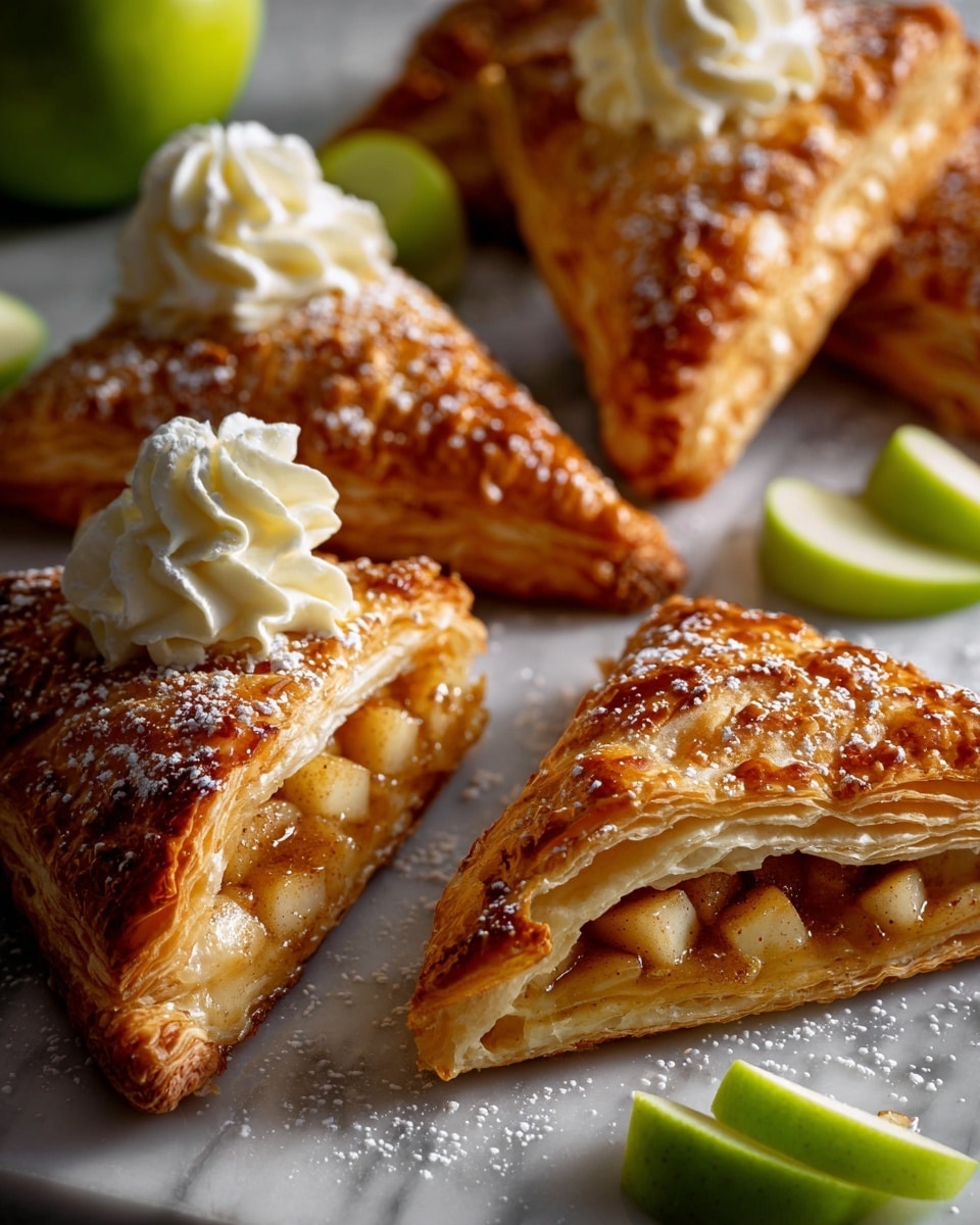 The image shows several triangular puff pastries with a golden-brown, flaky crust dusted with powdered sugar, laid out on a white marbled surface. One pastry is filled with small, glossy apple chunks mixed with cinnamon, visible through an opening at its corner. Another pastry has a thick layer of creamy, white whipped filling piped neatly between two crisp puff layers. Around the pastries are green apple slices adding a fresh pop of color. The overall texture is crispy and light, and the warm tones of the pastries contrast with the bright green apples and white surface. photo taken with an iphone --ar 4:5 --v 7