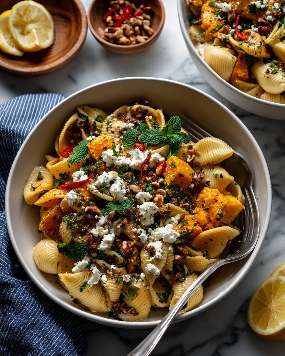 A woman's hand is peeling an orange butternut squash over a white plate. The squash has smooth skin with long, thin strips being removed. Around the plate, there are several small white bowls and wooden bowls containing light yellow uncooked pasta shells, white crumbled cheese, chopped nuts, lemon halves, red chili peppers, and garlic cloves. Fresh green mint leaves lie scattered on the white marbled surface beneath the ingredients. A folded gray striped cloth is near the plate. The scene is bright and clean with a fresh cooking preparation vibe. photo taken with an iphone --ar 4:5 --v 7