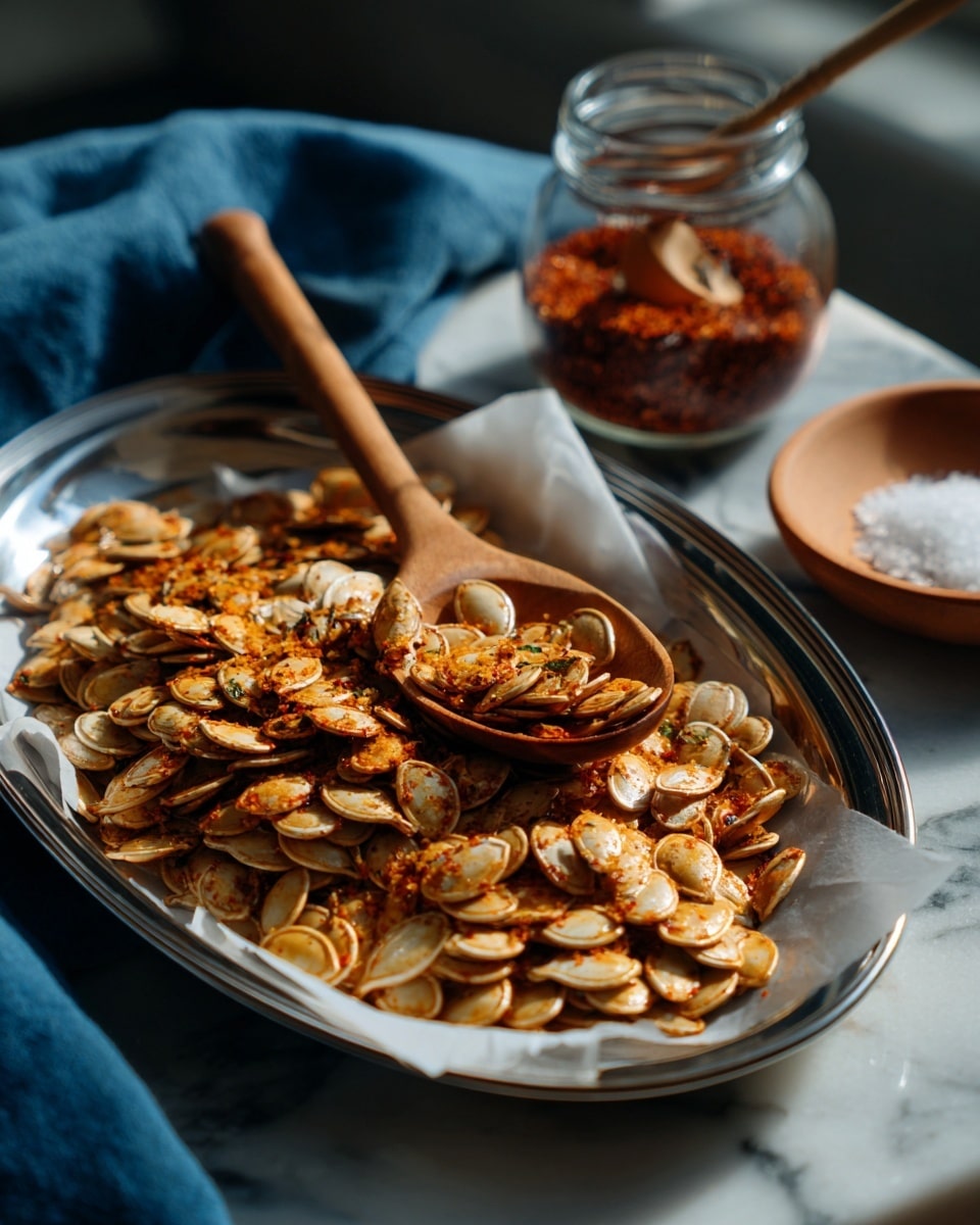 A silver baking tray lined with white parchment paper holds a single layer of golden brown roasted pumpkin seeds, some slightly darker at the edges, giving a toasted texture. A wooden spoon rests on the tray, scooping up some seeds, showing their smooth, oval shapes. The tray sits on a white marbled surface, with a blue cloth partially visible on the bottom left. On the top right, a clear glass jar filled with reddish-brown spice powder and a white measuring spoon inside it is visible. Near the bottom right, there is a small wooden bowl containing coarse salt. photo taken with an iphone --ar 4:5 --v 7