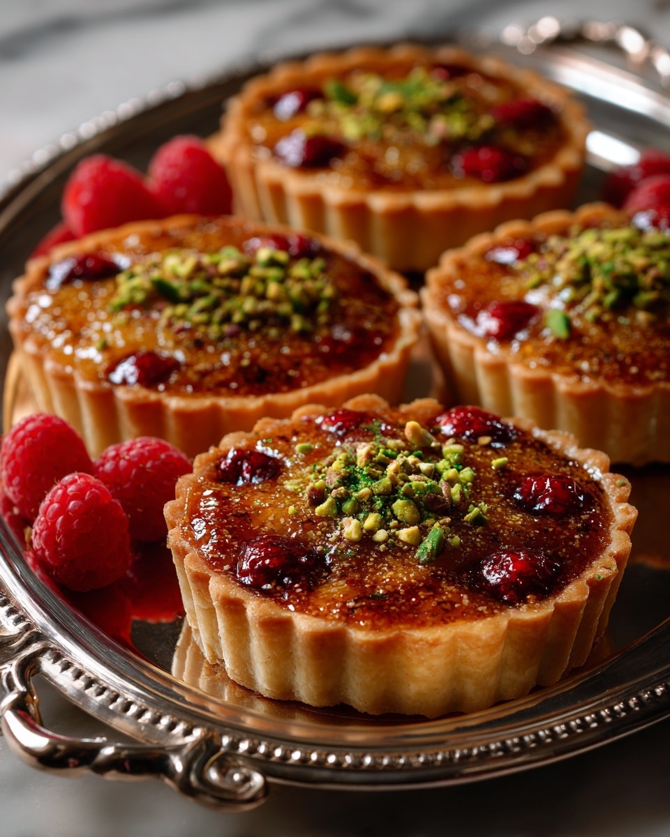 The image shows round tarts with golden brown crusts that have scalloped edges. Each tart is topped with bright red raspberry pieces placed evenly in the batter. A sprinkling of chopped nuts, light green and beige in color, decorates the edges of the tarts. The tarts are arranged on a silver ornate tray, with a few loose raspberries scattered around for decoration. The tray is placed on a white marbled surface. The lighting is warm, highlighting the shiny glaze on the tarts' surface, making them look fresh and delicious. photo taken with an iphone --ar 4:5 --v 7