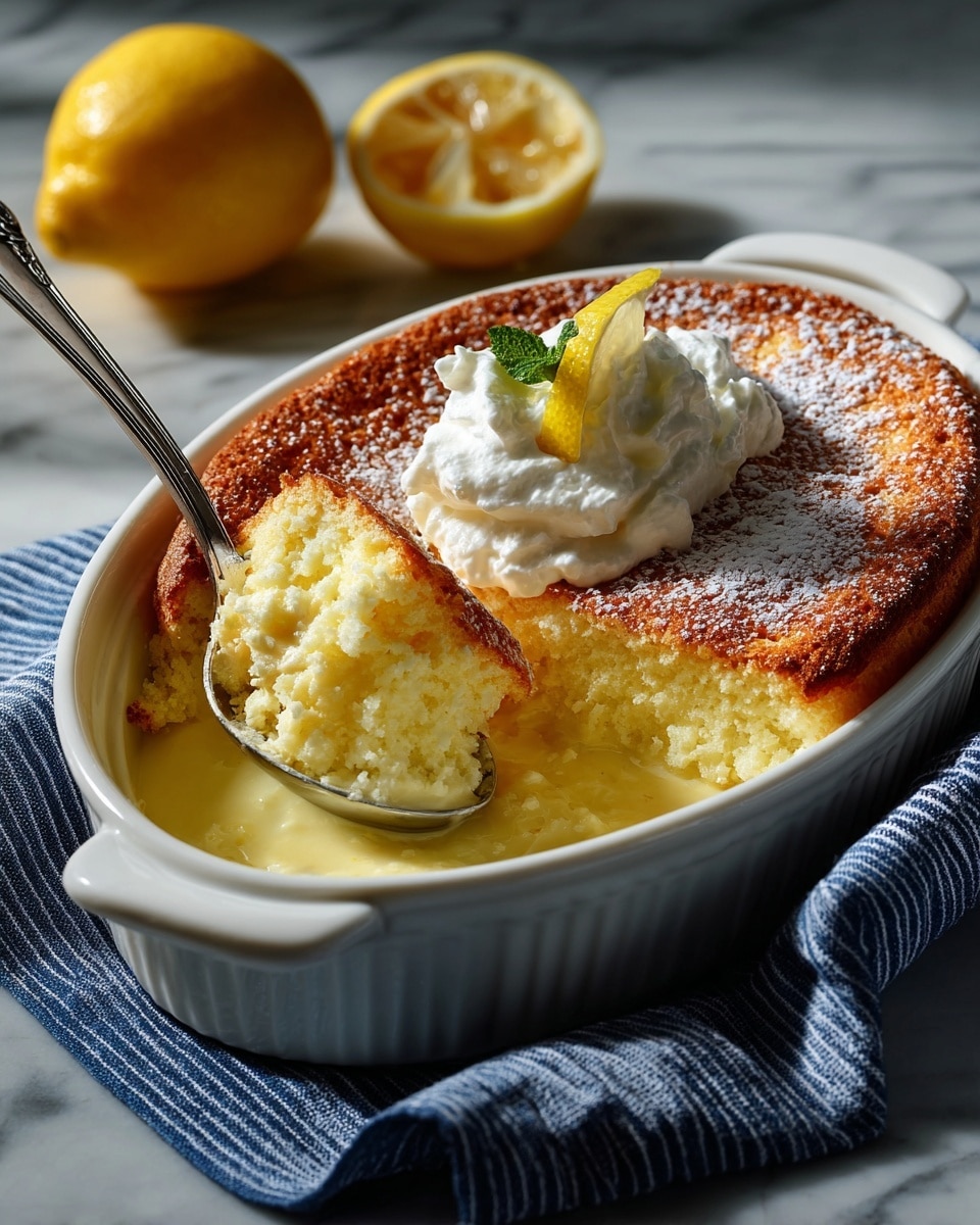 The image shows a white oval dish with two small handles filled with a two-layer dessert. The top layer is a golden-brown fluffy cake with a light dusting of powdered sugar. A portion is scooped out, revealing a thick, creamy lemon-yellow custard beneath. A generous dollop of white whipped cream topped with a small lemon wedge sits on the edge of the cake layer. A silver spoon rests inside the dish, partially dipped into the custard layer. Nearby, on the white marbled surface, there is a halved and a whole lemon surrounded by a soft blue and white striped cloth. Photo taken with an iphone --ar 4:5 --v 7