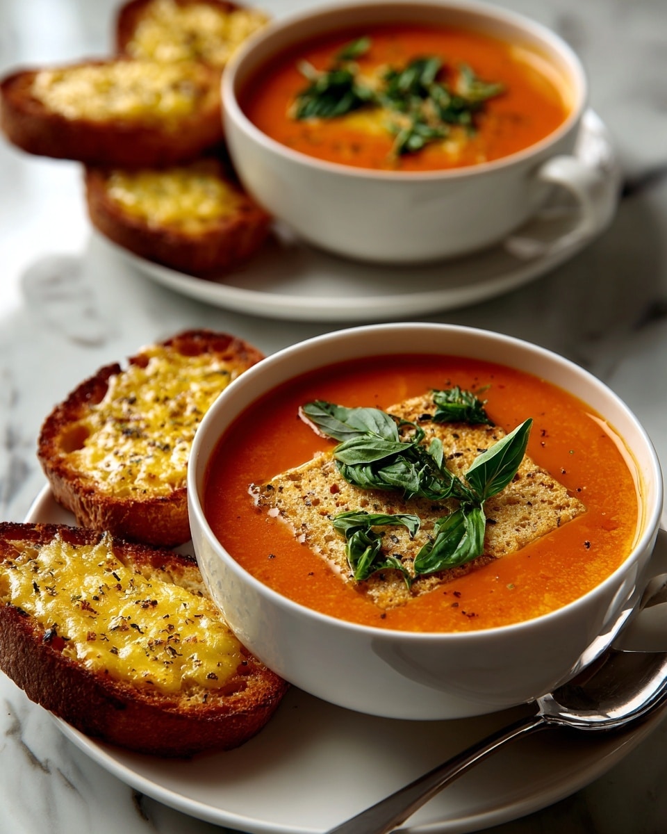 A white bowl filled with thick, orange tomato soup sits on a white plate with a few pieces of toasted bread covered with melted cheese, sprinkled with black pepper on the side. The soup has a small piece of toasted bread topped with fresh green basil leaves floating on top. Another white bowl of soup and some basil leaves are blurred in the background. The surface is a white marbled texture. Photo taken with an iphone --ar 4:5 --v 7