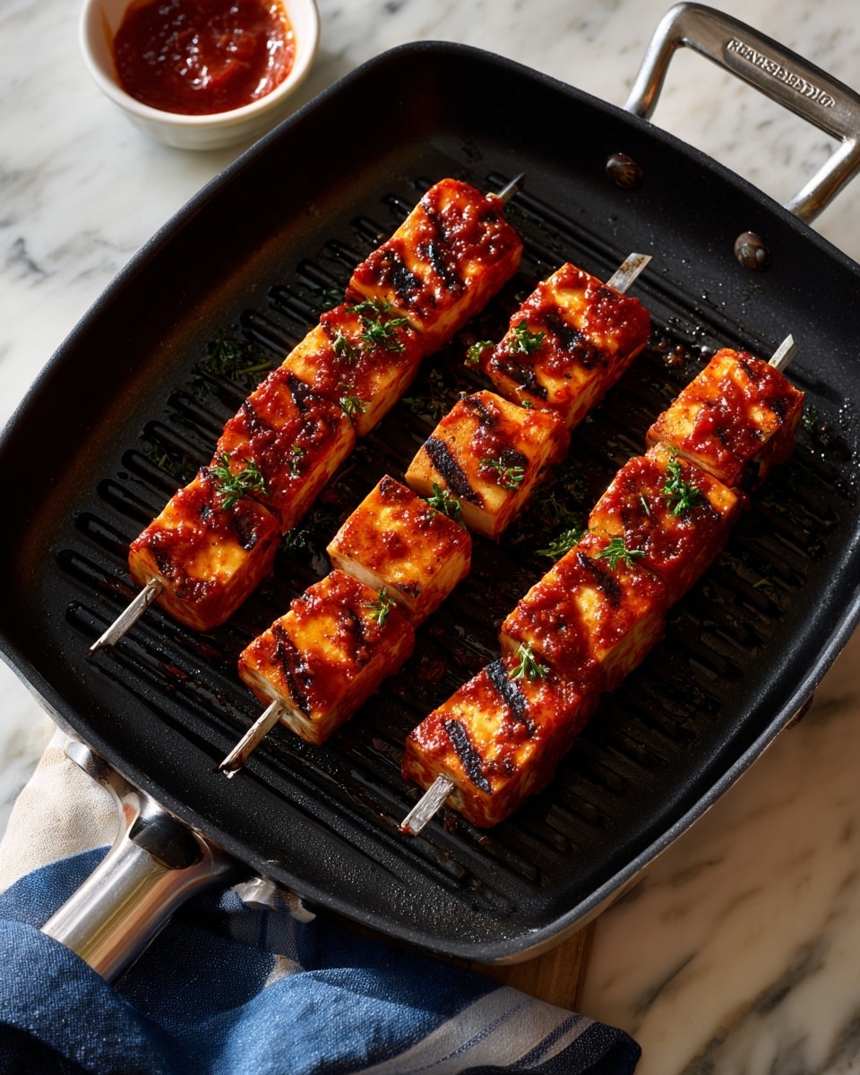 The image shows a black grill pan on a white marbled surface with several metal skewers holding square pieces of orange-red grilled salmon with visible grill marks. The salmon pieces have a slightly charred texture with a shiny glaze, suggesting a sauce coating. There are four skewers placed on the pan closely with some pieces touching each other. At the edge of the image, a white bowl filled with red sauce is partially visible. The grill pan has a wooden handle resting on a white and blue checkered cloth. photo taken with an iphone --ar 4:5 --v 7