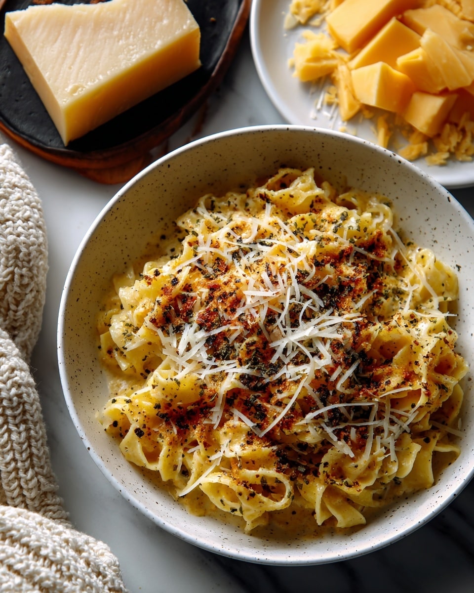 A white speckled bowl filled with curly pasta layered evenly with a light orange sauce. The pasta is sprinkled with thin shredded white cheese and coarse black pepper. The bowl sits on a white marbled surface, next to chunky pale yellow cheese blocks and small cheese shreds, with a cream-colored knitted fabric on the top left and a small white pumpkin at the bottom left corner. Photo taken with an iphone --ar 4:5 --v 7
