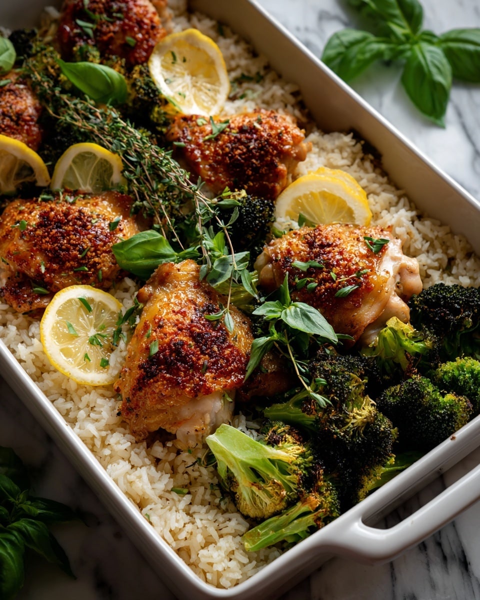 A white rectangular dish holds a layered meal starting with a base of light brown cooked rice covering the entire surface. On top, several pieces of golden-brown grilled chicken, seasoned with herbs and small bits of garlic, sit scattered around the dish. Between the chicken pieces, dark green roasted broccoli florets add contrast, with some edges slightly charred. Bright yellow lemon wedges are placed among the chicken and broccoli, some showing a toasted brown edge. Fresh green basil leaves and sprigs of thyme are used as garnish, adding vibrant color and freshness. The dish is set against a white marbled background. photo taken with an iphone --ar 4:5 --v 7