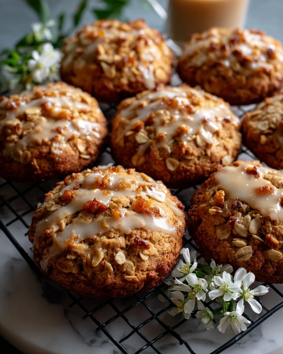 The image shows seven round oatmeal cookies with a light brown color on a black cooling rack placed over a white marbled surface. Each cookie has a shiny, creamy beige glaze drizzled unevenly on top, revealing pieces of orange fruit embedded in the cookie layers. The texture of the cookies looks slightly rough and crumbly. In the background, on the white marbled surface, there are two small white flowers and green leafy stems adding a natural touch. The photo is taken close-up with warm lighting highlighting the details of the cookies and glaze photo taken with an iphone --ar 4:5 --v 7