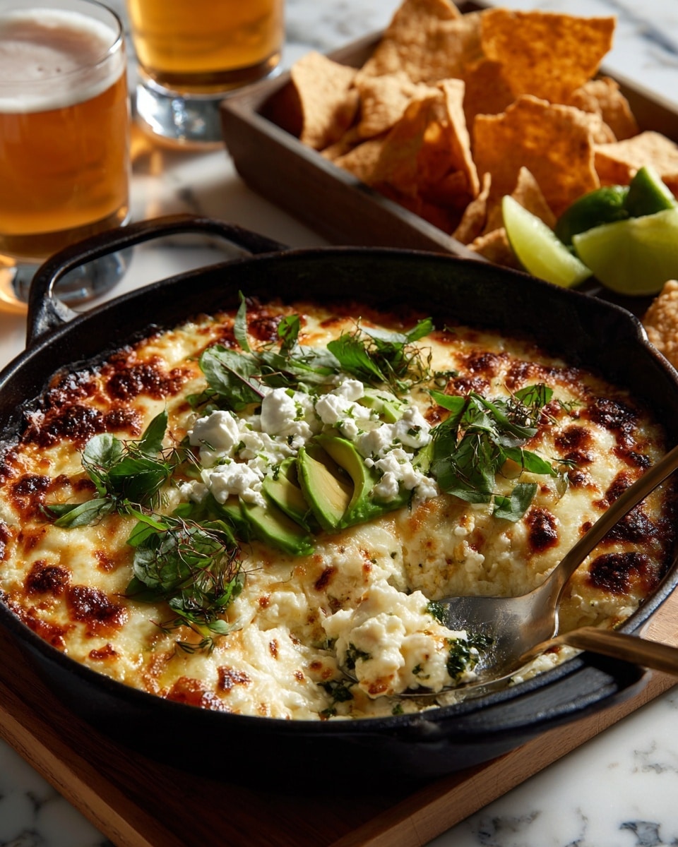 A cast iron skillet filled with a thick base layer of melted golden brown cheese, with bits of cooked corn and meat mixed in, topped with layers of green avocado slices fanned out, small white onion slices, and dollops of white sour cream. Fresh green herbs are scattered on top. On the side of the skillet, there are triangular corn chips partially dipped into the cheese. Around the skillet, there are white marbled textured surfaces with a half lime and a tray holding more chips and another half lime. Two glasses with amber and frothy beer are also visible at the top corners of the image. photo taken with an iphone --ar 4:5 --v 7