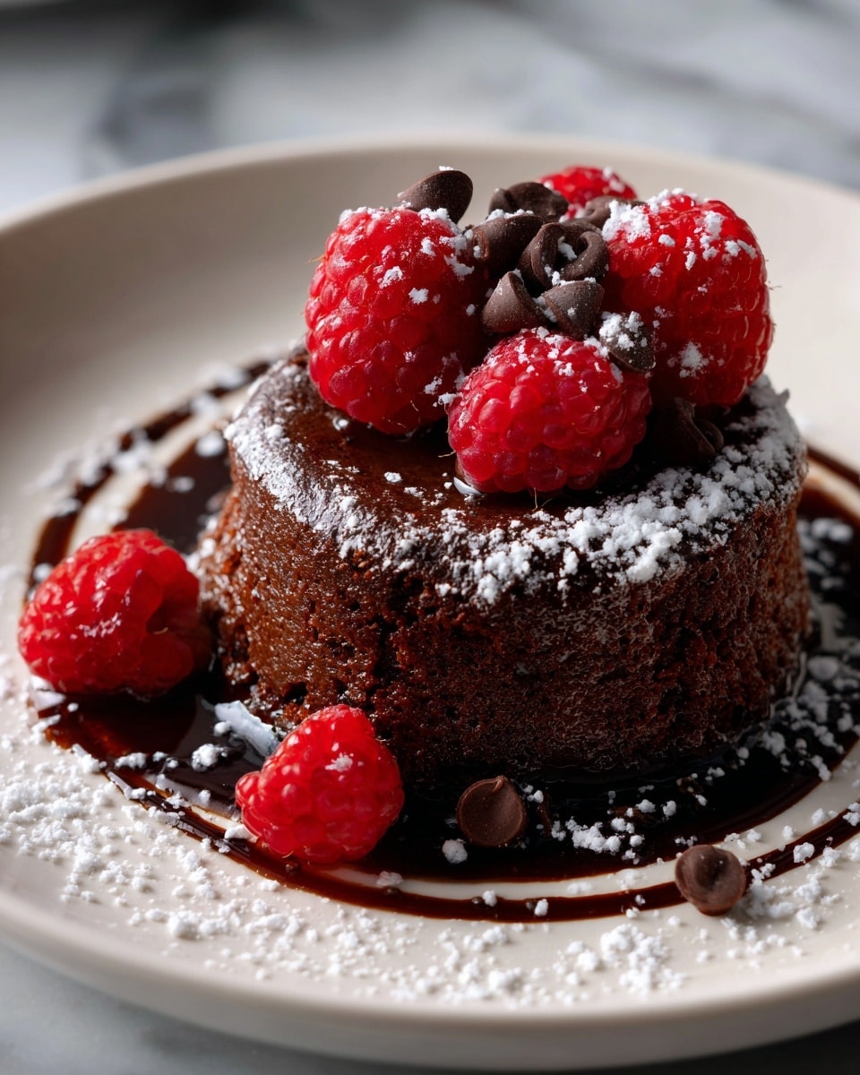 A smooth, shiny chocolate pudding sits in the middle of a white plate, surrounded by a light dusting of powdered sugar on the white marbled surface. On top of the pudding, four fresh red raspberries and several small dark chocolate drops are placed, adding texture and color contrast. Around the base of the pudding, there is a thin layer of dark chocolate sauce partially covered by powdered sugar. One raspberry and two chocolate drops rest on the plate near the pudding. Photo taken with an iphone --ar 4:5 --v 7